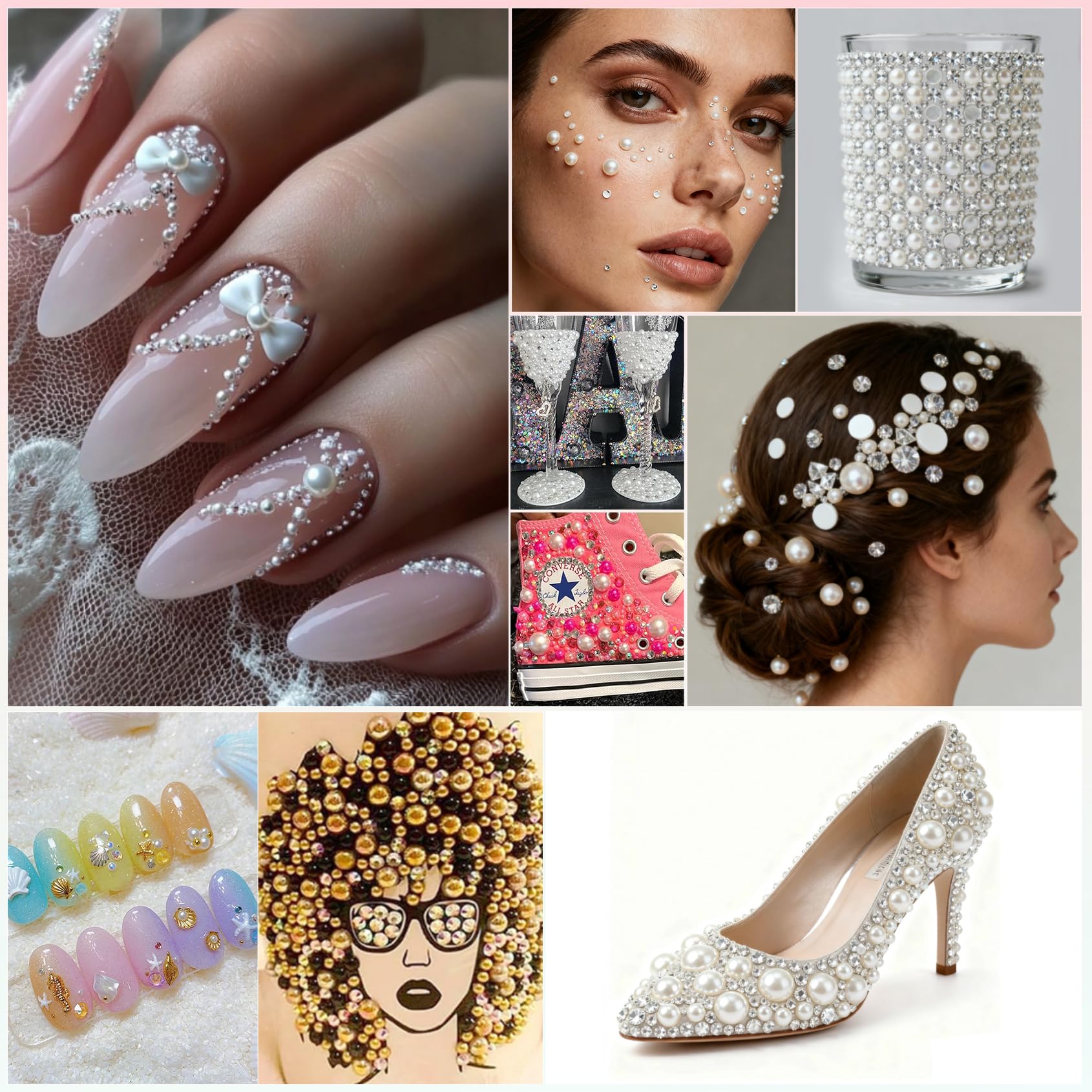Lot de 10 200 perles pour ongles – Perles demi-rondes à dos plat et strass pour ongles – Plusieurs formes – Breloques à dos plat pour nail art, bijoux, loisirs créatifs