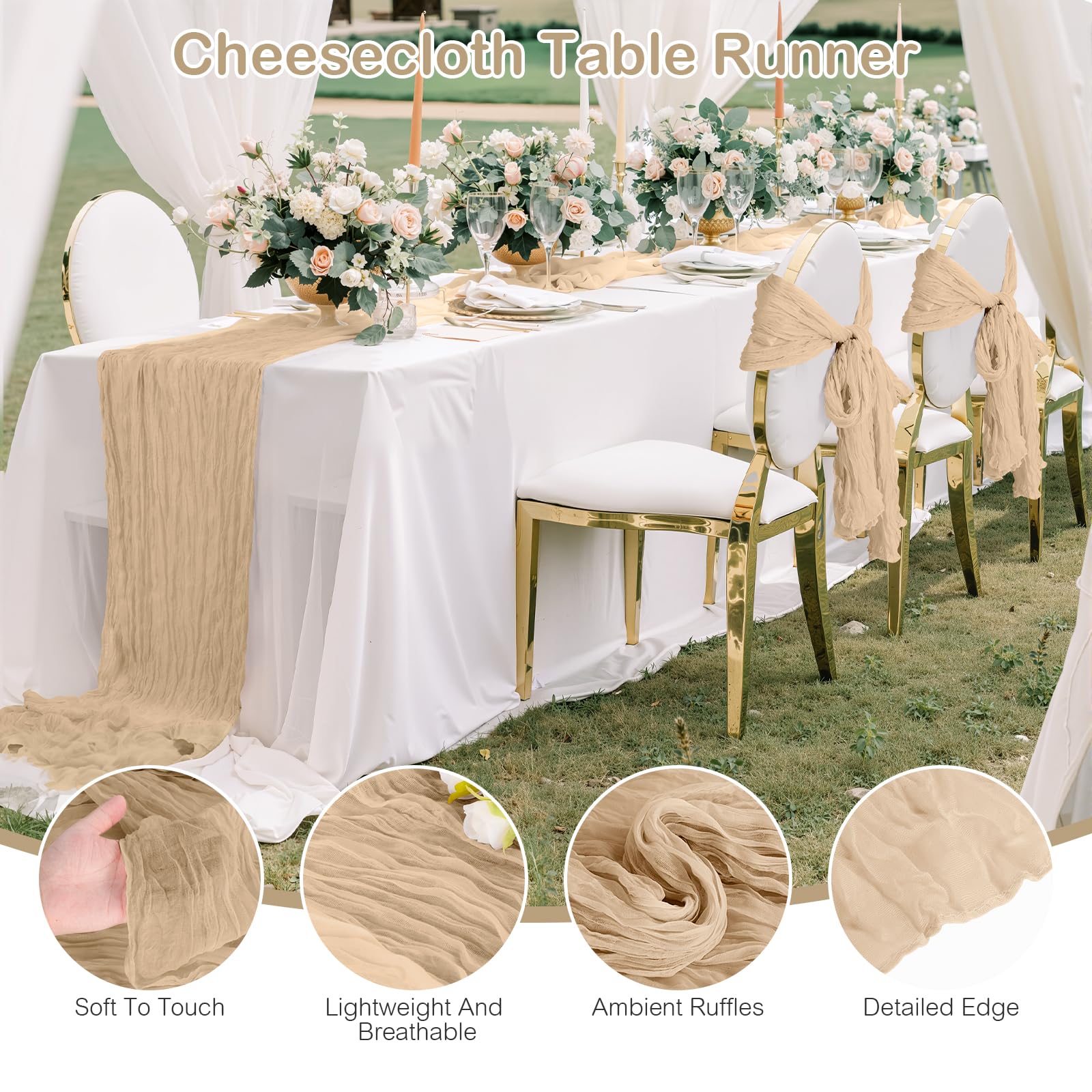 Runner da Tavolo Champagne, 8 Pezzi 90x300 cm FoiiLiio Runner da Tavola in Mussola per Matrimoni per Matrimoni, Decorazioni per Baby Shower, Compleanni, Feste