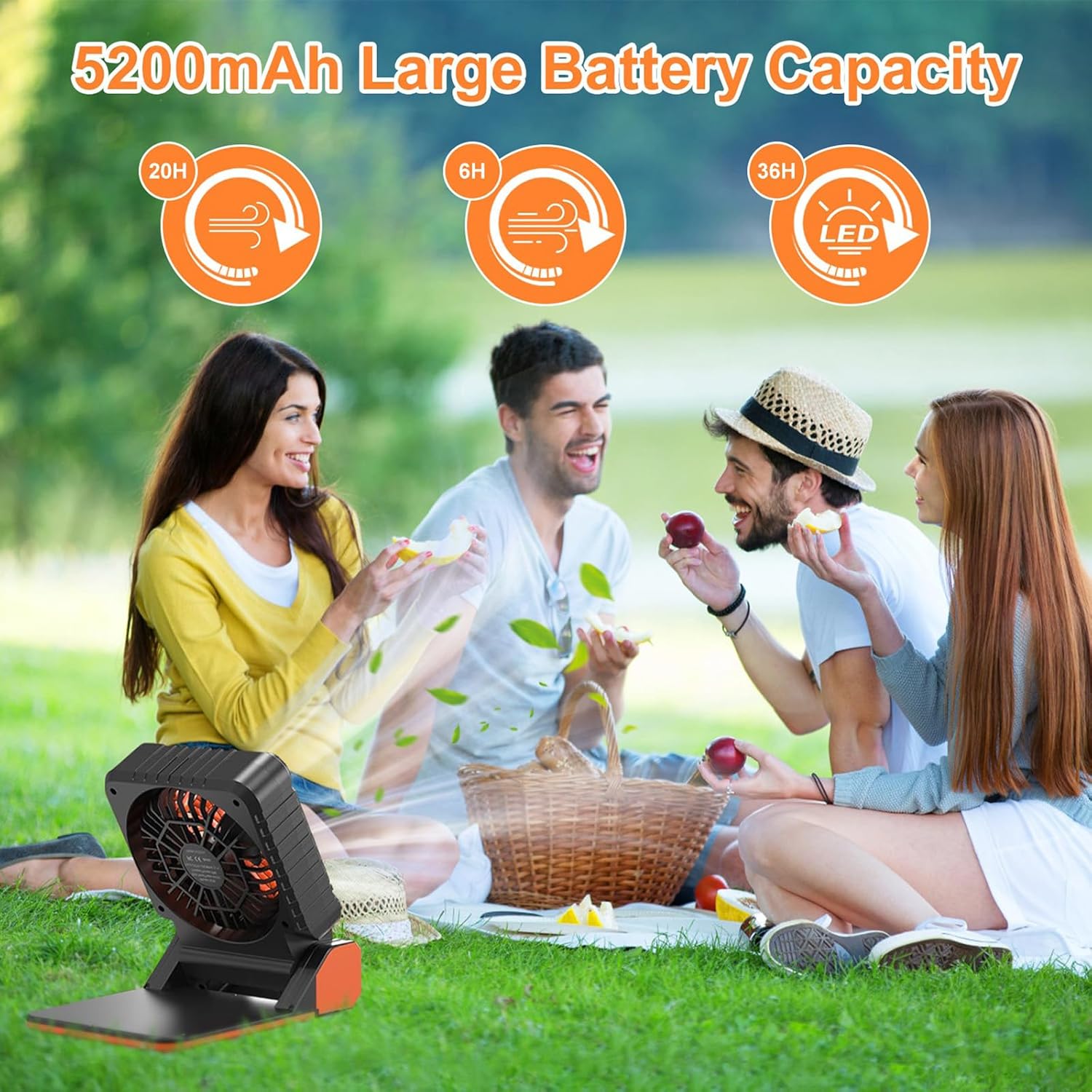 Solar Camping Fan 5200mAh, Portable Solar Powered Fan Camping with LED Light, 4 Speeds, 3H Timer and Quiet Rechargeable Tent Fans for Outdoor Picnic, Fishing, Travel