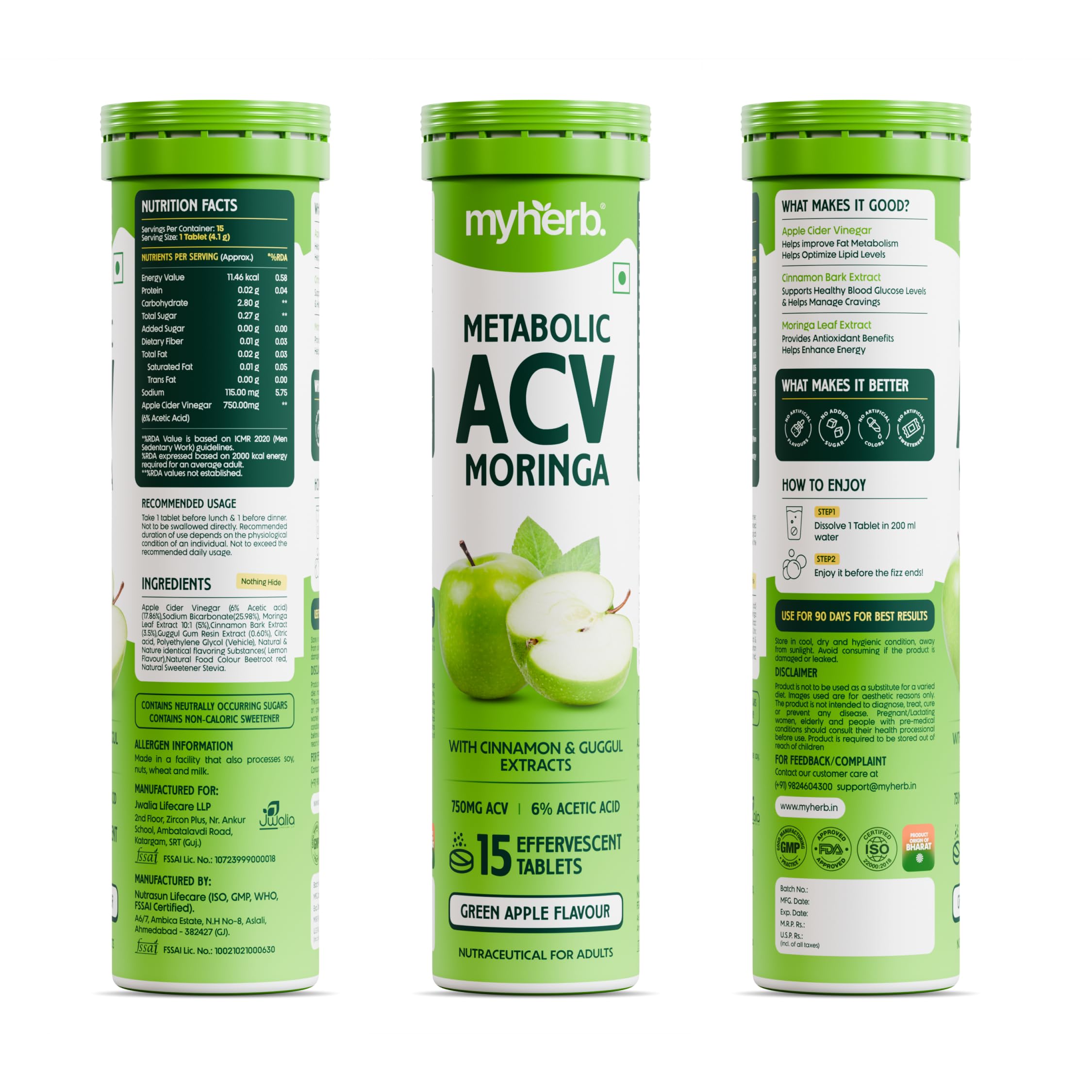 MYHERB ACV Moringa | 15 Effervescent Tablets To Control Cravings,Convert Fat Into Energy | Boost Energy | Apple Cider Vinegar, Cinnamon, Guggul | No Added Sugar (15 count (Pack of 1), Green Apple) 4