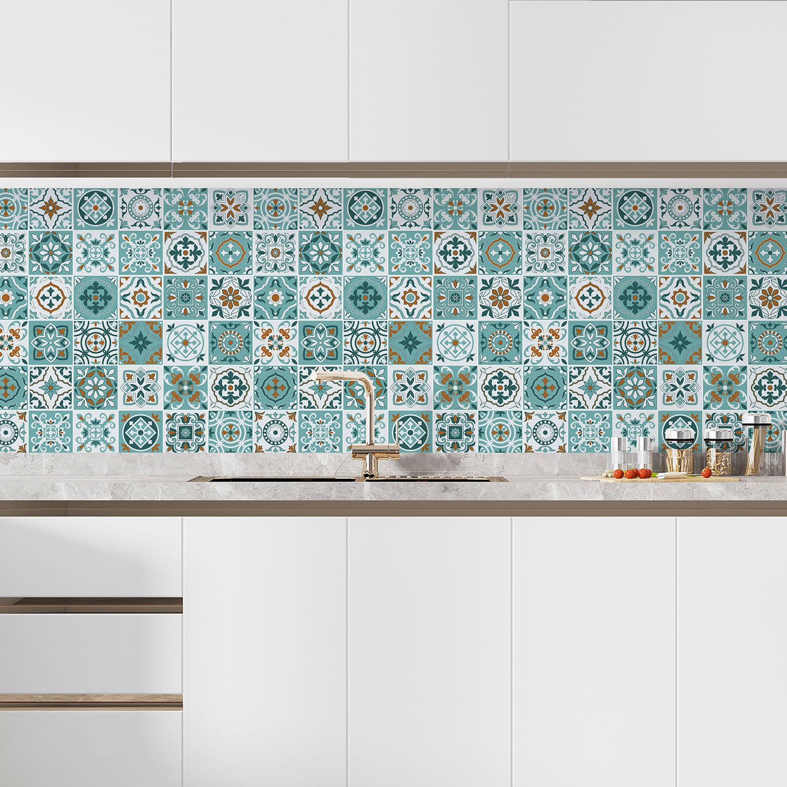 Lumalea Adesivo per cucina, effetto piastrelle di cemento, 3617681629504, adesivo + protezione lucida, 90 x 90 cm