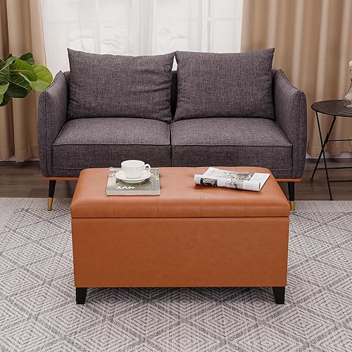 Vista 29 de Asense Banco otomano de almacenamiento, banco tapizado de piel sintética con bisagra de seguridad, patas de madera, para entrada y dormitorio Negro