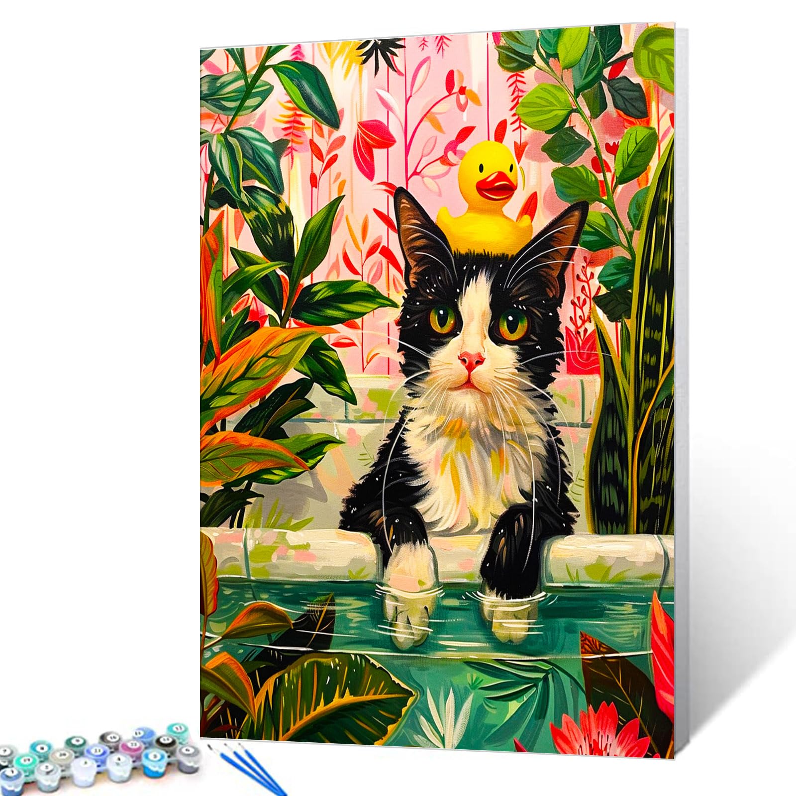 Tuxedo Cat Bathing Paint by Number for Adults Animal with Yellow Rubber Duck on Her Head Picture Canvas Green Pools DIY Oil Painting Kits Acrylic Paints for Home Wall Decor Art Craft Gifts (Framed)
