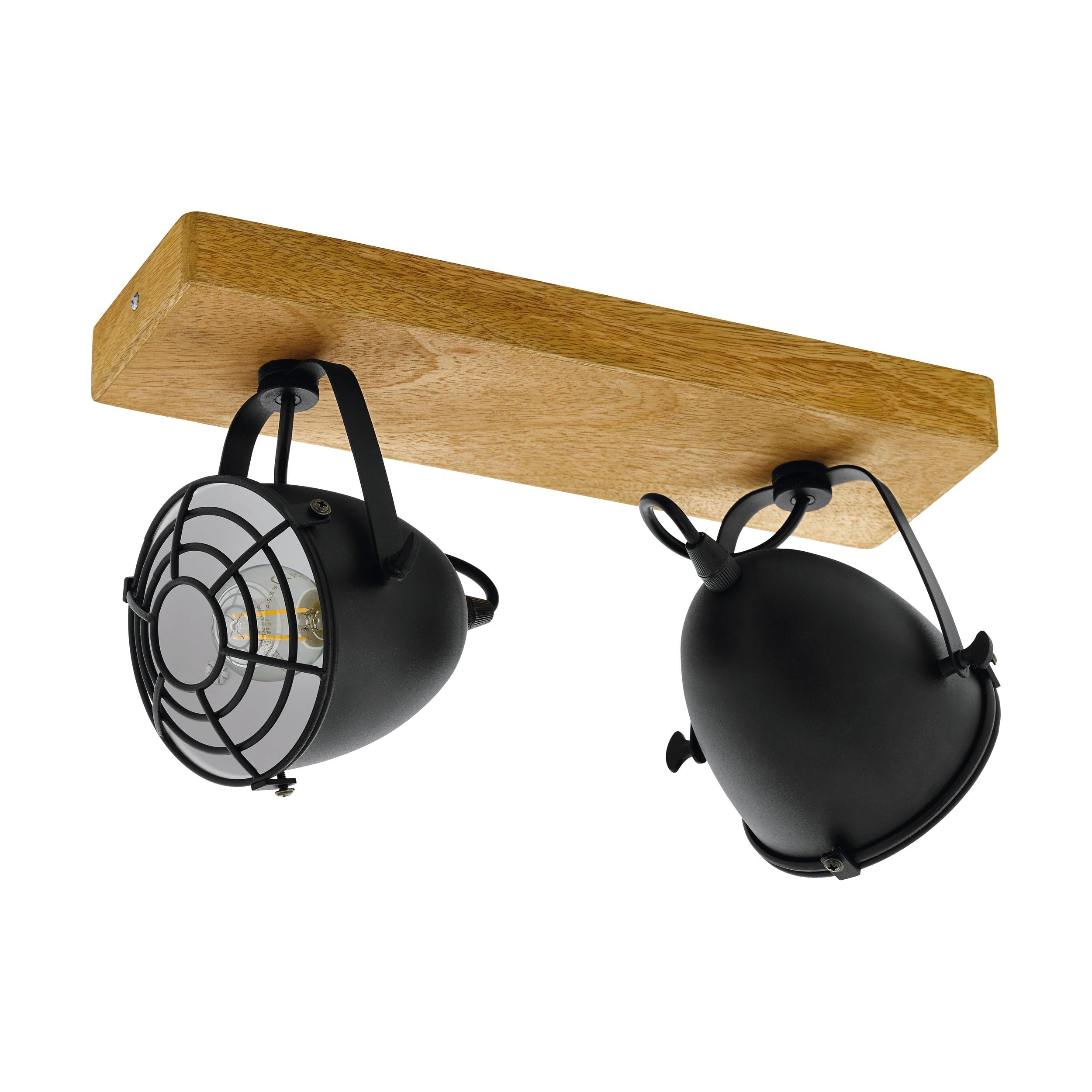 Eglo Ceiling Light Gatebeck, 2-Light Vintage Ceiling Lamp, Industrial, Retro, Ceiling Spotlight Made of Black Steel and Natural Wood, Living Room Light, Kitchen Lamp with E14 Socket
