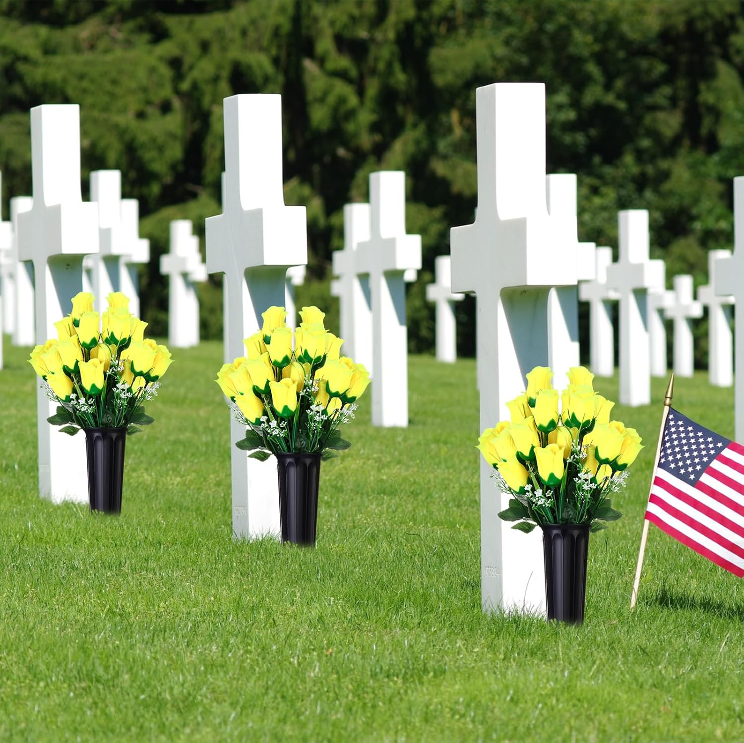 Tigeen 6 Sets Memorial Day Cemetery Flowers with Grave Vase 12 Bunches Artificial Rose Memorial Bouquet 84 Heads Fake Spring Silk Cemetery Flower for Graveside Decor(Yellow)