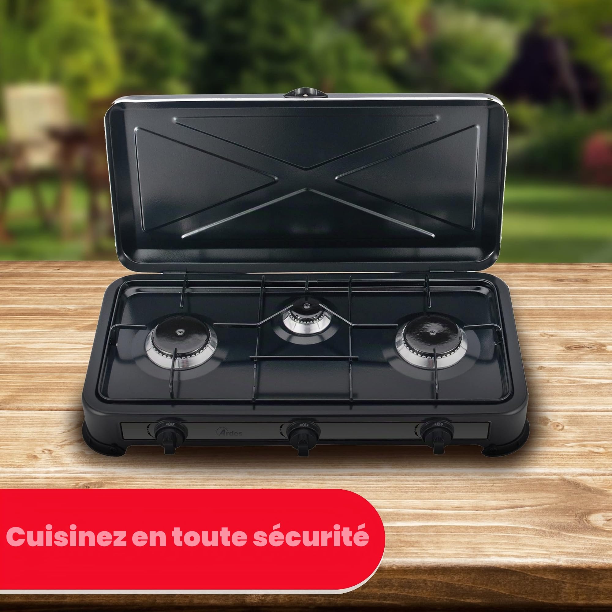ARDES - AR1FG03 Cuisinière à gaz d'extérieur GPL Portable pour le camping 3 brûleurs avec couvercle en acier peint en noir - Classe d'efficacité énergétique A+++