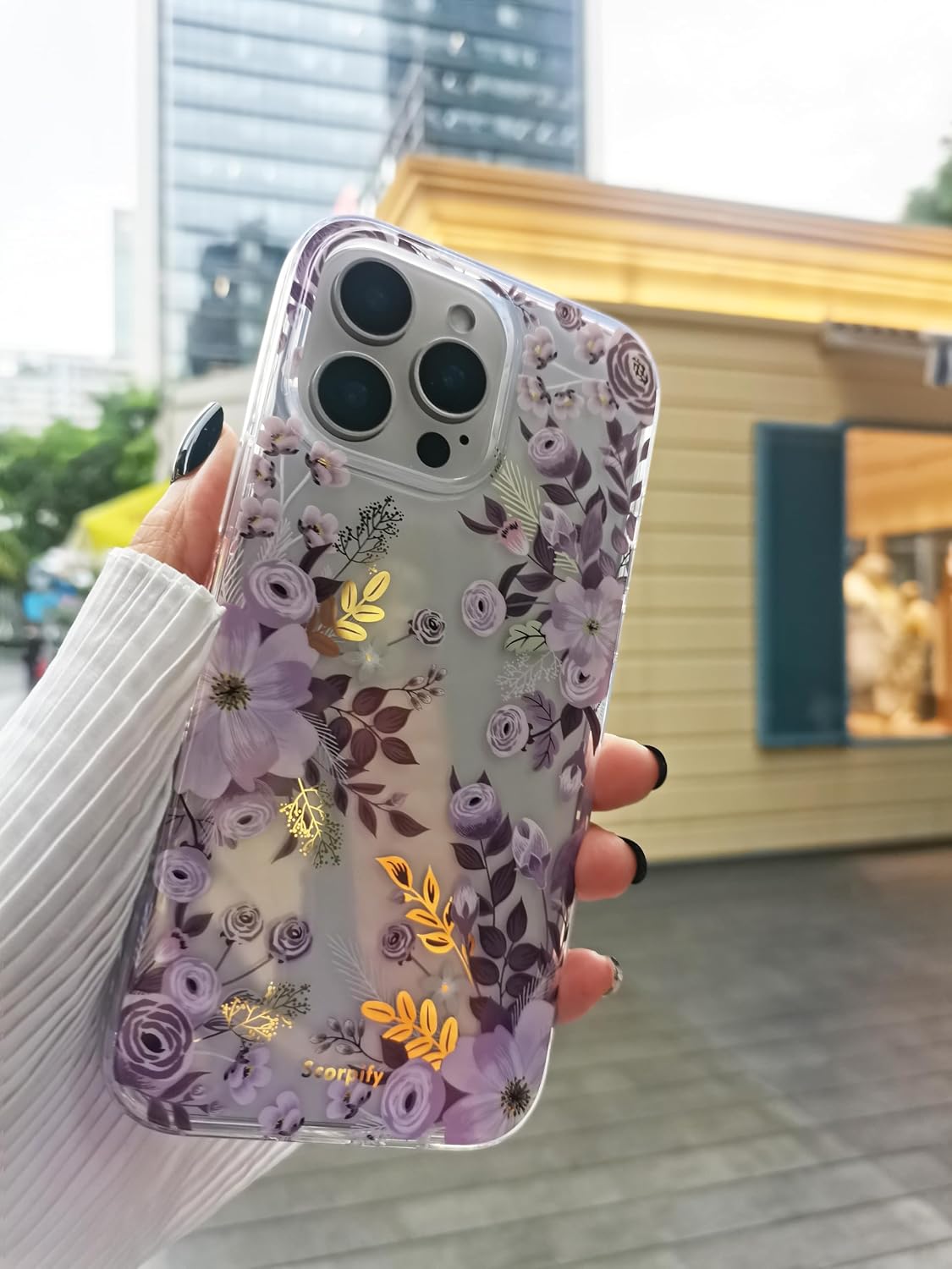 SCORPIFY for iPhone 16 Pro Case with Purple Nemophila Floral Design, Cute Clear Flower Phone Cover for Women Girls, [Non Yellowing] Slim Shockproof Bumper with Gold Accents