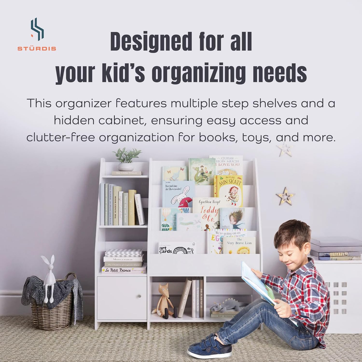 Modern Rounded Edge Wooden Kids Bookshelf with Storage Cabinet, Book Organizer Storage Shelves for Bedrooms, Playrooms, and Nurseries, White