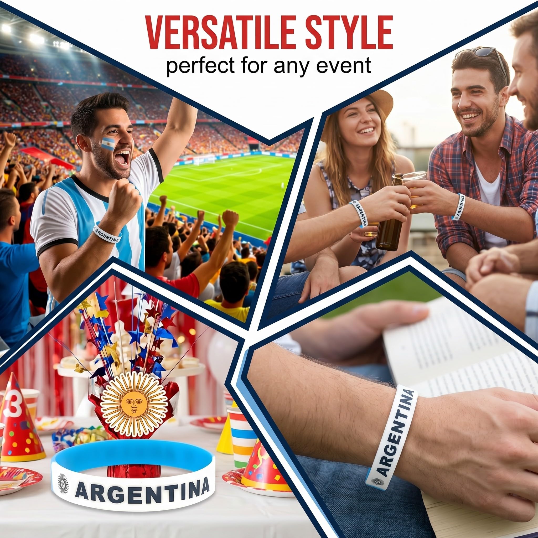 Lot de 6 Bracelets Silicone Drapeau Argentine | Accessoires Supporters Football | Fan Sportifestif | Unisexe Enfants Adultes | Anti-Transpiration Résistant