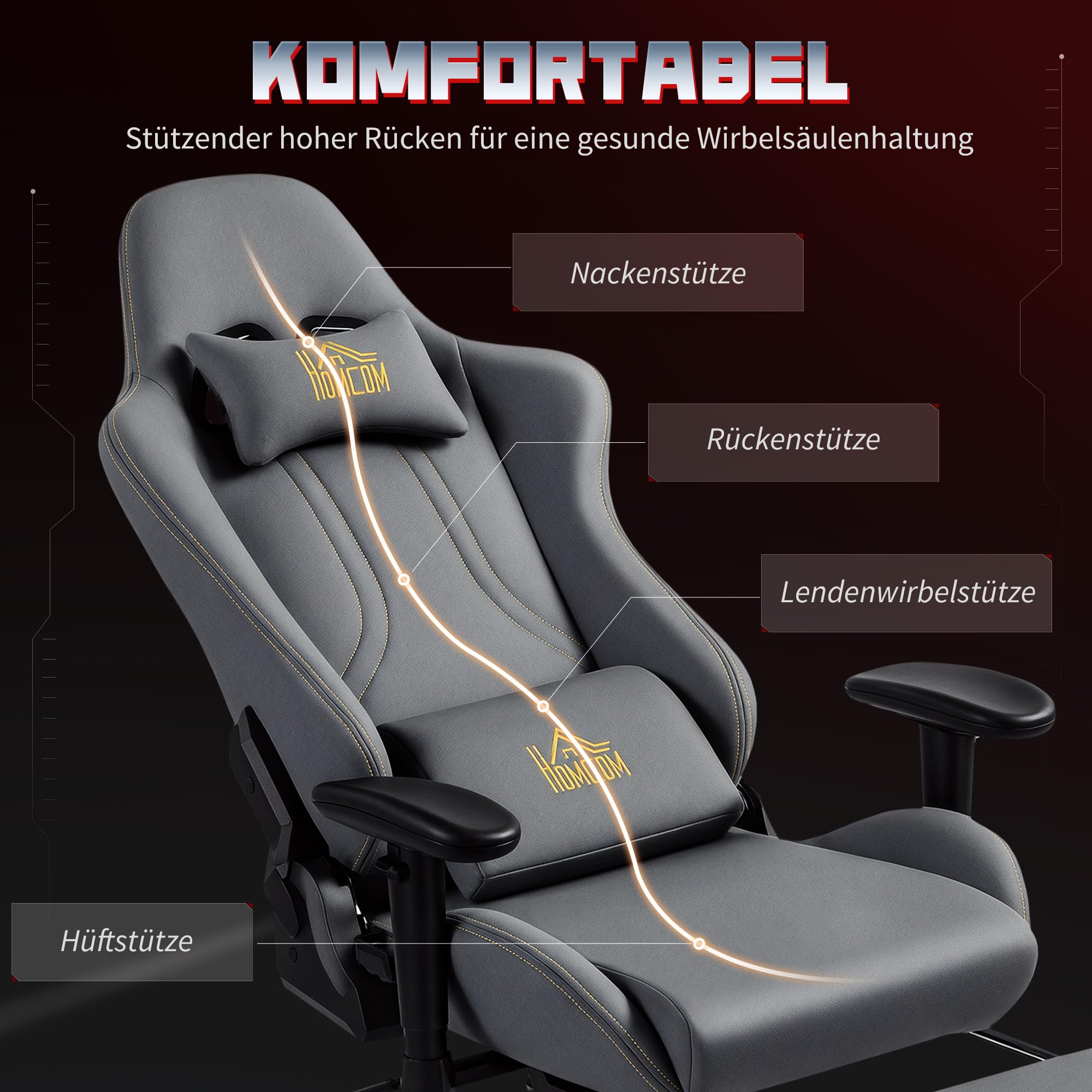 HOMCOM Gaming Stuhl Ergonomischer mit Fußstütze Kopfkissen Dunkelgrau | Wildlederimitat Gamer Stuhl, Lendenkissen, Gaming Sessel, 3D Armlehnen, Höhenverstellbar Bürostuhl