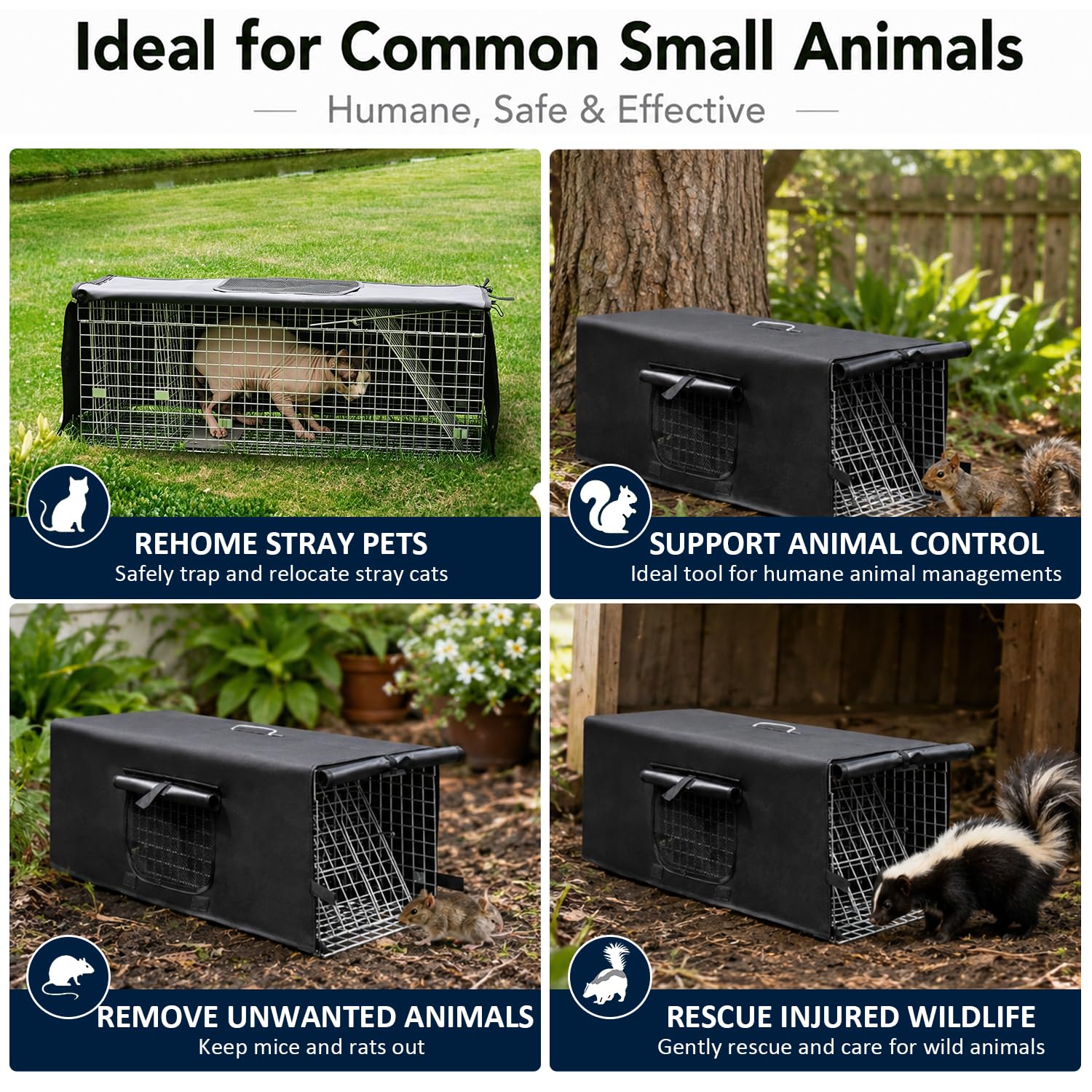 Jaula de trampa para animales vivos con cubierta, trampa para gatos callejeros, trampa para mapaches con puerta real plegable para mapaches, zarigüeyas, marmotas, zorrillos, gatos salvajes, ardillas