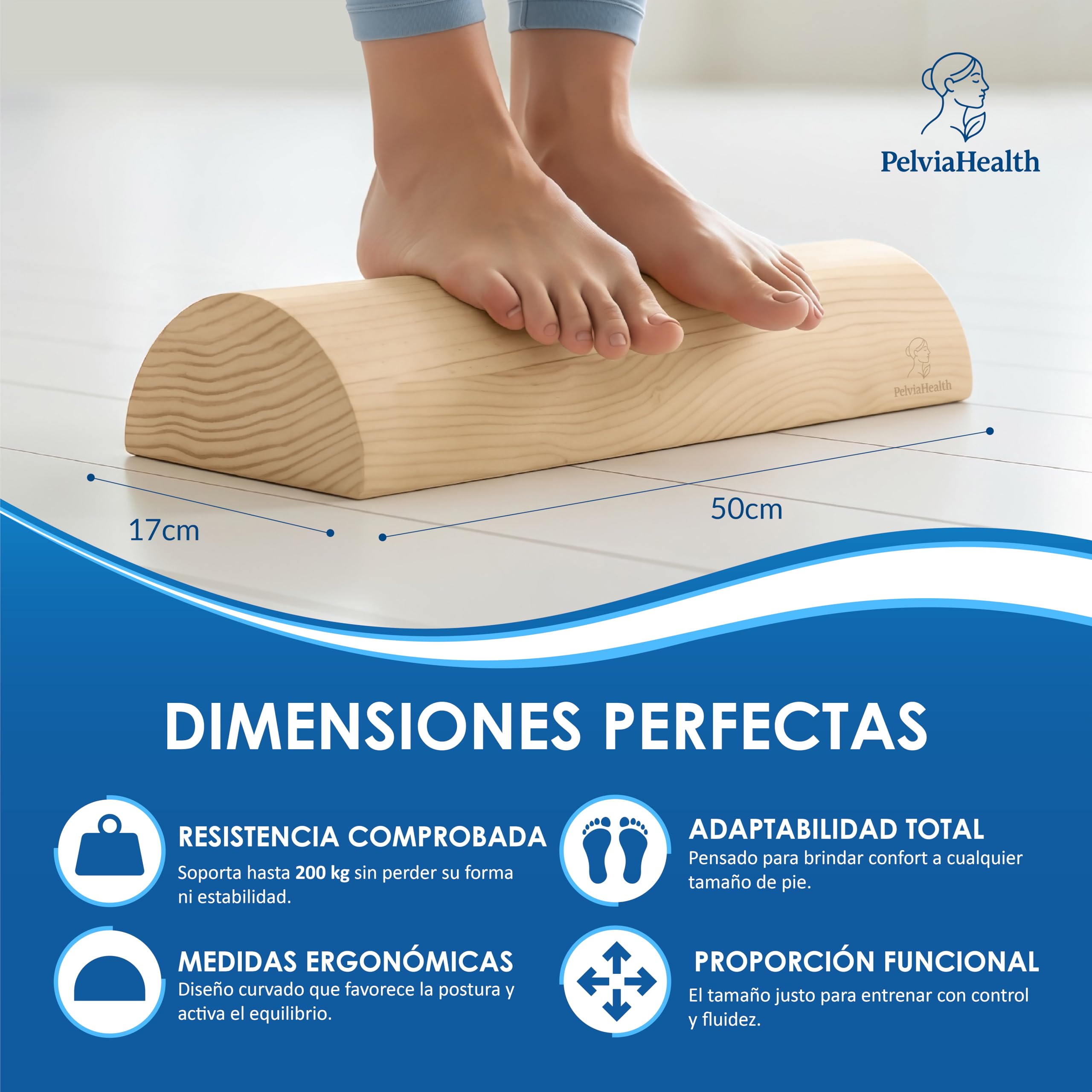 Tronco Propioceptivo Suelo Pélvico 50x17 cm Madera de Pino | Kit 6 en 1: Banda Elástica, Guía, Vídeos, Pads Antideslizantes, Bolsa Algodón, Acceso a Plataforma IA | Método 5P