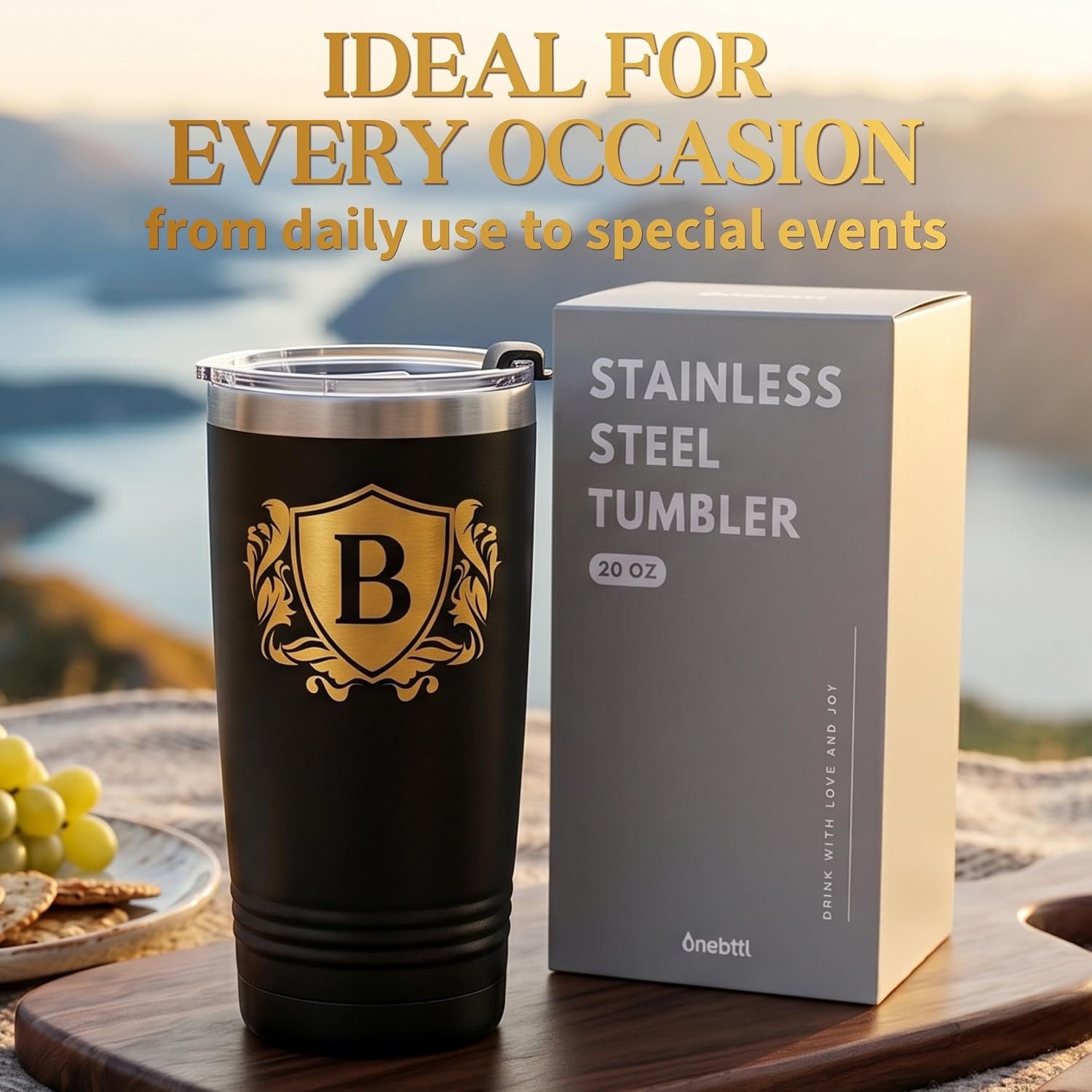 Onebttl Personalized Gifts for Men with Initials, Mens Gift Ideas, Unique Thoughtful Gifts on Birthday Christmas for Men, 20oz, Golden, M