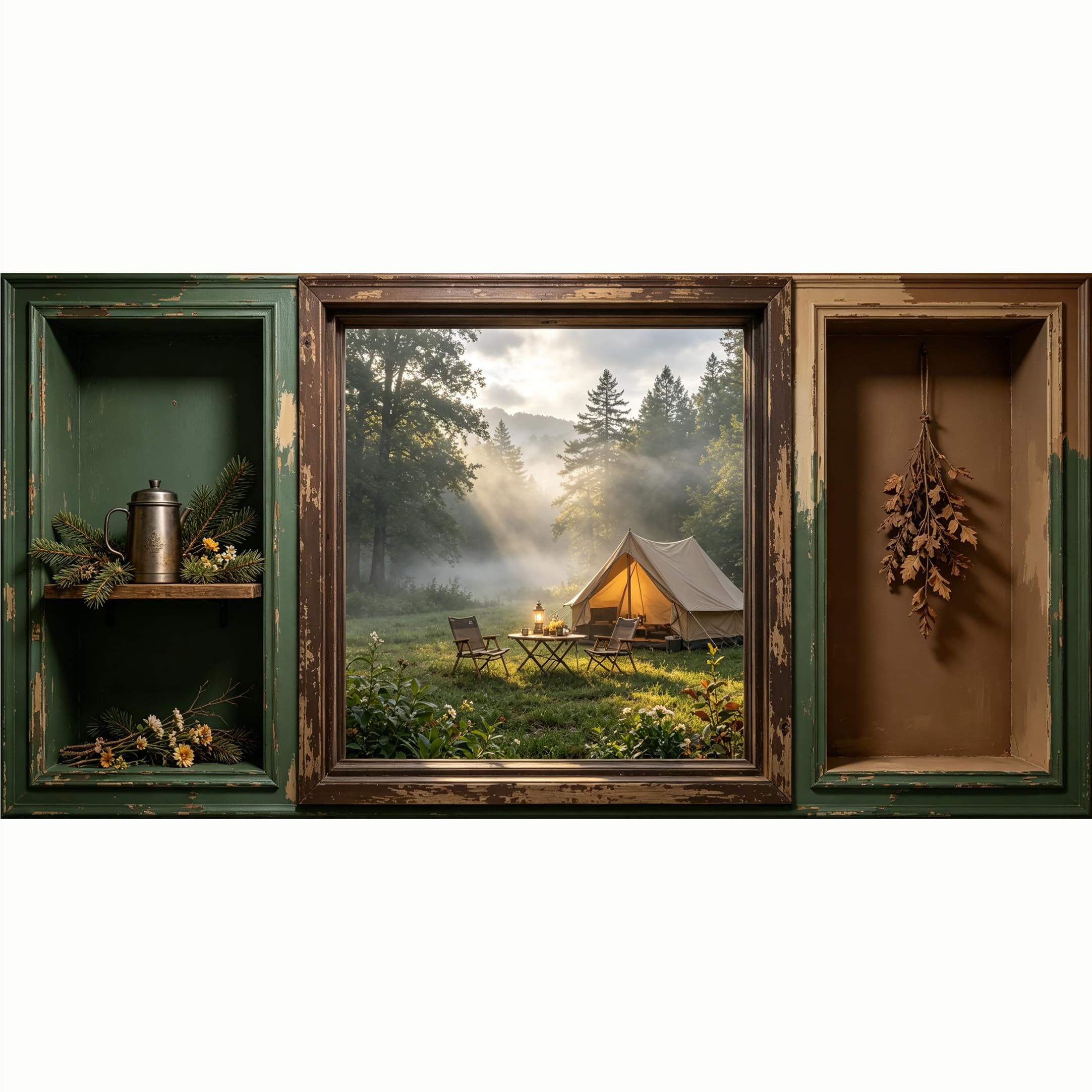 QZLITHOTIC 50x100cm 3D Framed Wall Art， Misty Forest Camping Landscape SelfAdhesive Mural， WaterActivated Peel & Stick Fabric Decor Wall Decal for Bedroom Living Room