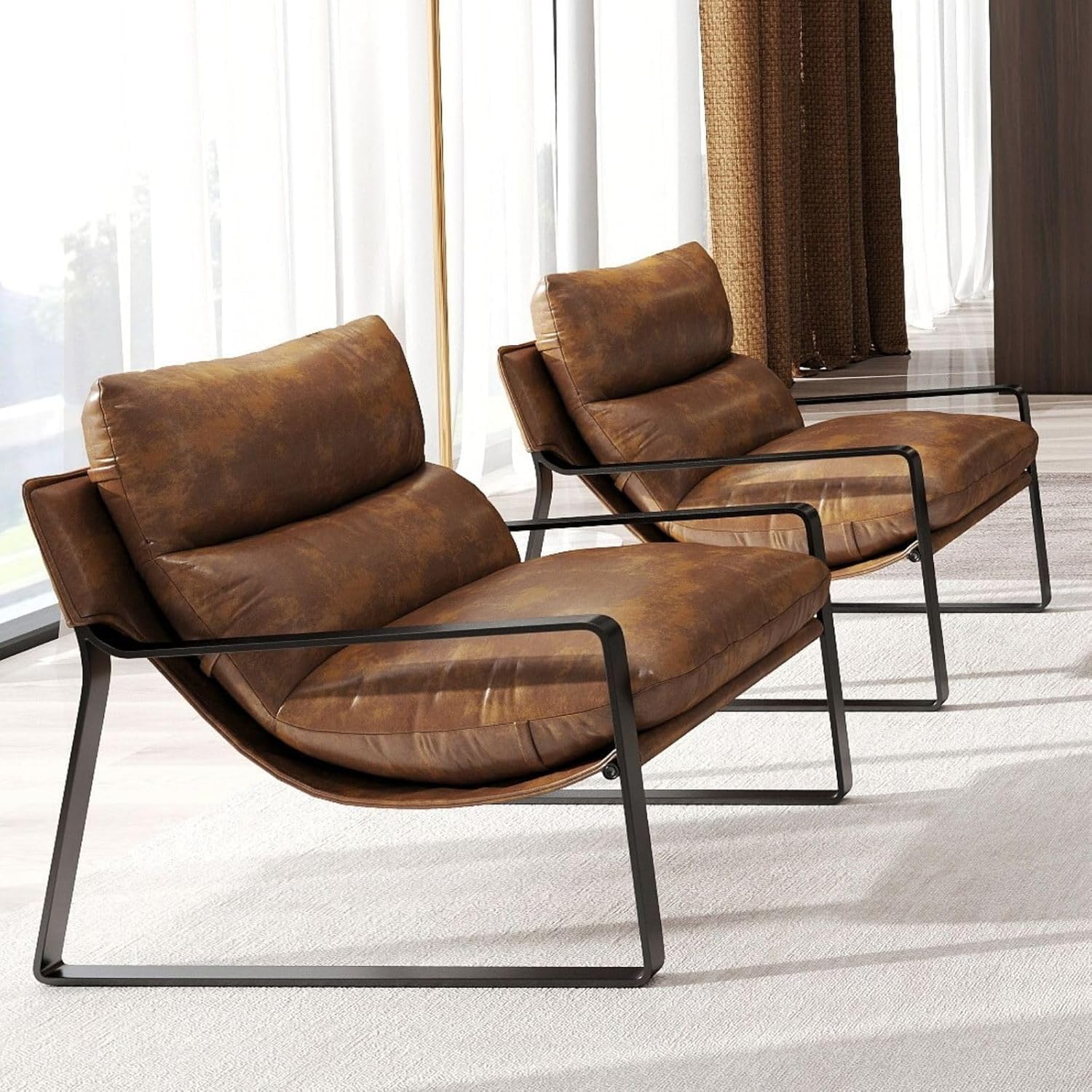 LukeAlon Set of 2 Modern PU Leather Accent Armchair in Retro Brown