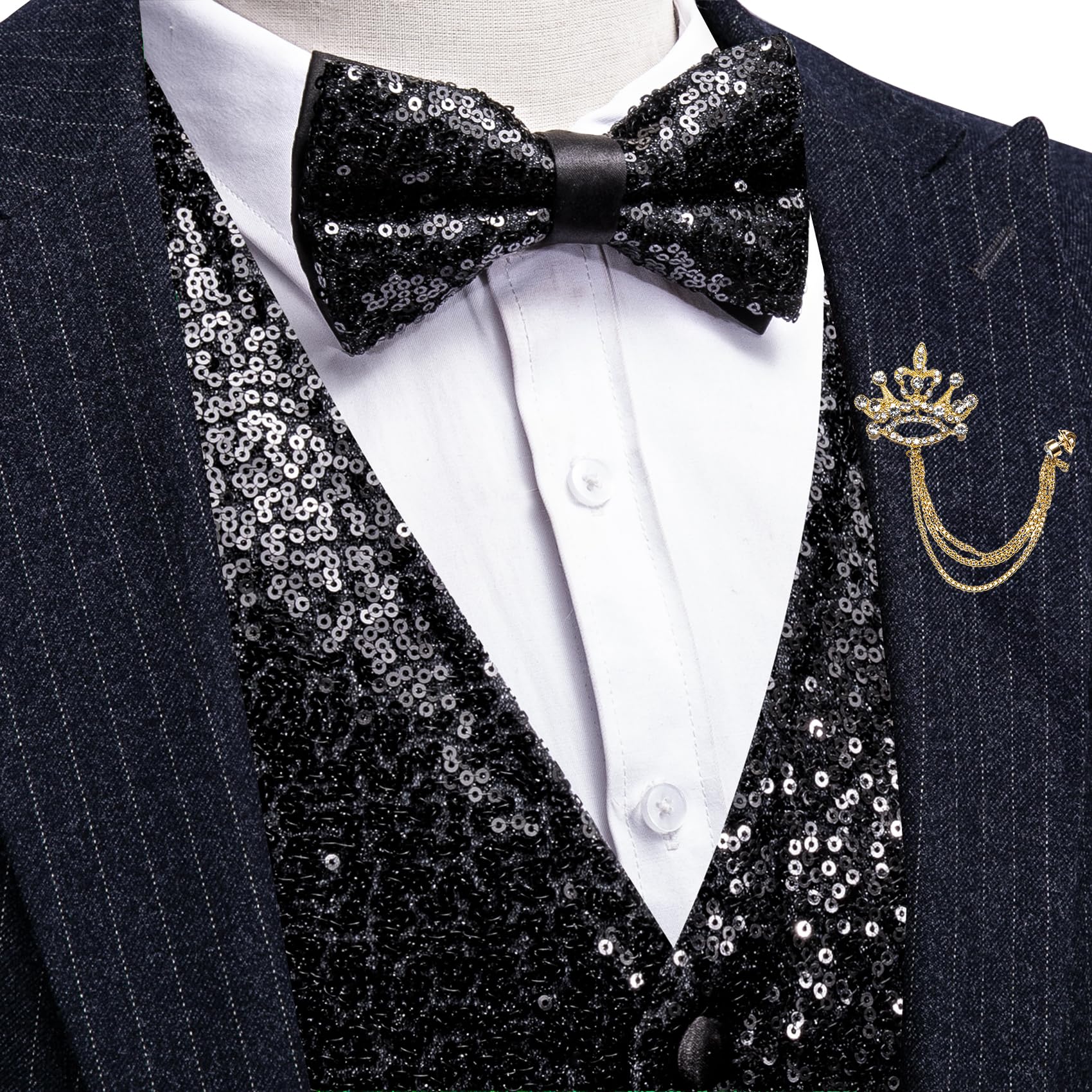 Barry.Wang Gilet da uomo con paillettes, gilet, papillon con risvolto, con scollo a V, per feste di fine anno, smoking, matrimoni, taglie S-3XL