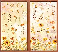 Vista 8 de Whaline 6 hojas de calcomanías florales de otoño para ventana, acuarela, hojas de arce, girasoles, calcomanías reutilizables de doble cara