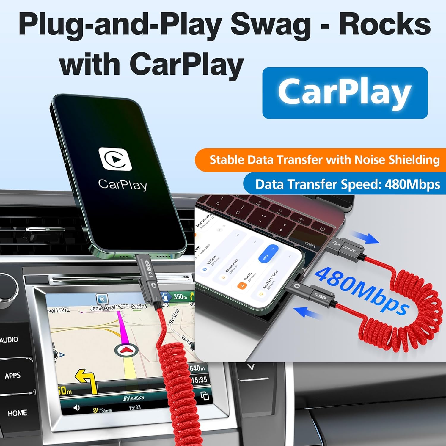 AGVEE 1.5ft 4-in-1 Coiled Multi USB C Charging Cable, Secure-Slide No-Loss Adapters, Slim Tips Fit Thick Cases, Lightning End Reinforced, PD 60W for iPhone Carplay, Samsung, iPad, Red - Image 5