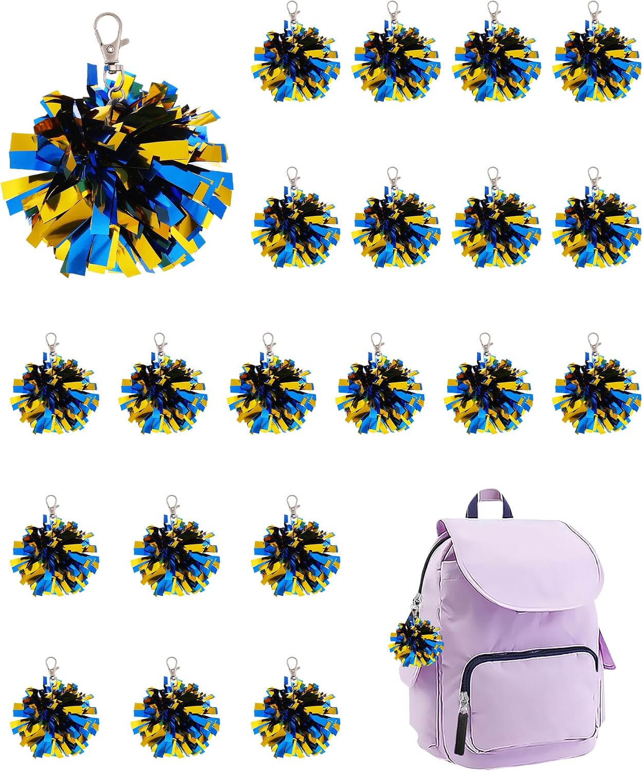 20Pcs Cheer Pom Pom Keychain Bag Charms Cheerleader Gifts Bulk Foil Cheer Keychains for Women Bag Accessories