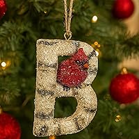 Vista 9 de Adorno de Navidad con letra inicial cardenal rústica, aspecto de madera de abedul, alfabeto, decoración con monograma para árbol de vacaciones
