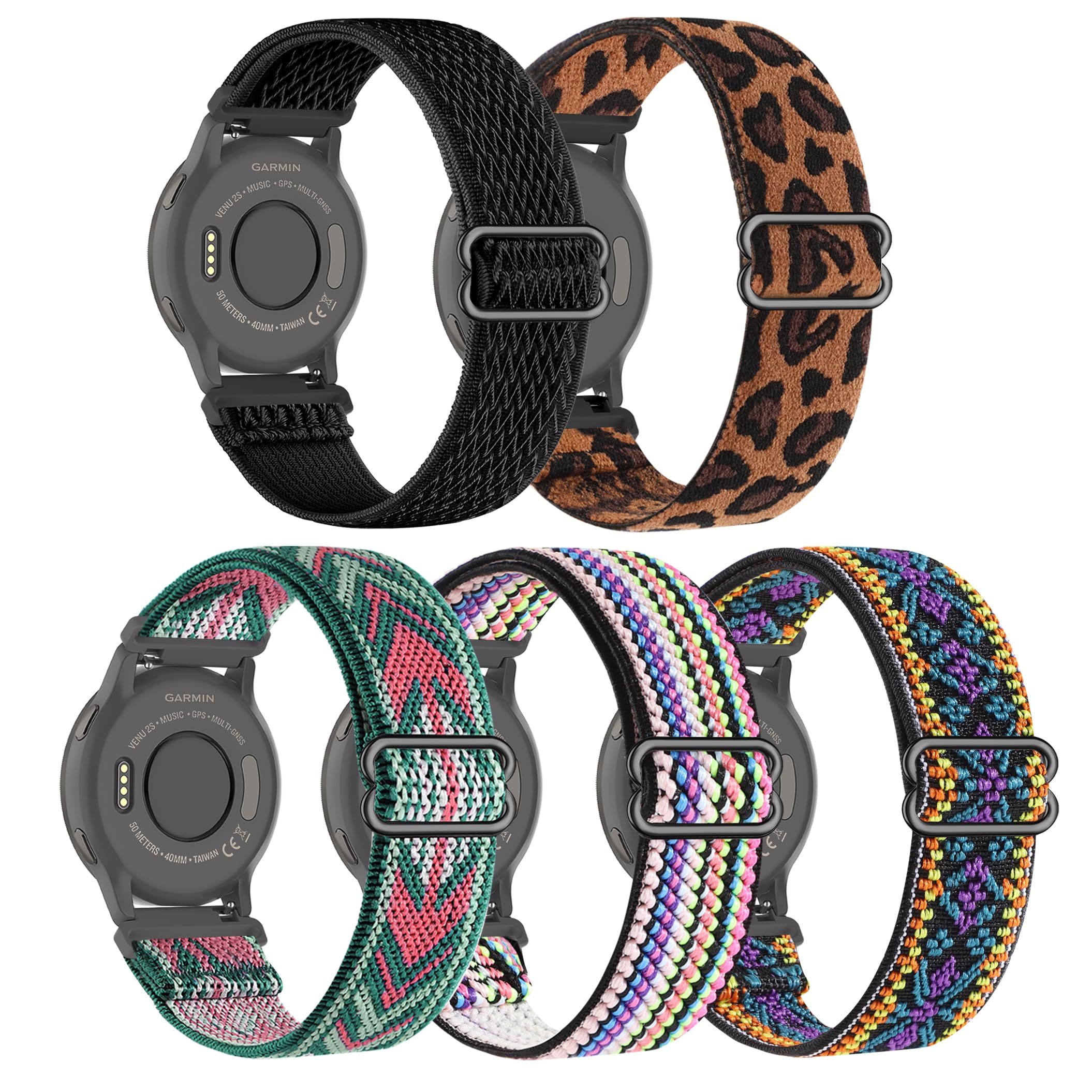 5 Pack Stretchy Nylon Watch Bands Compatible with Garmin Venu 3S/2S/Forerunner 265S,18mm Loop Elastic Fabric Adjustable Sport Strap for Garmin Vivoactive 4S/Forerunner 255S/255S Music Women Men