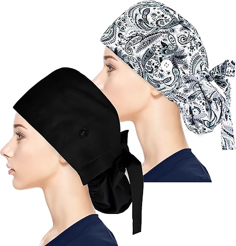 Miniatura 7 de Fesciory Gorras de trabajo ajustables con botón y banda para el sudor, sombreros de cola de caballo para mujer, cabello largo