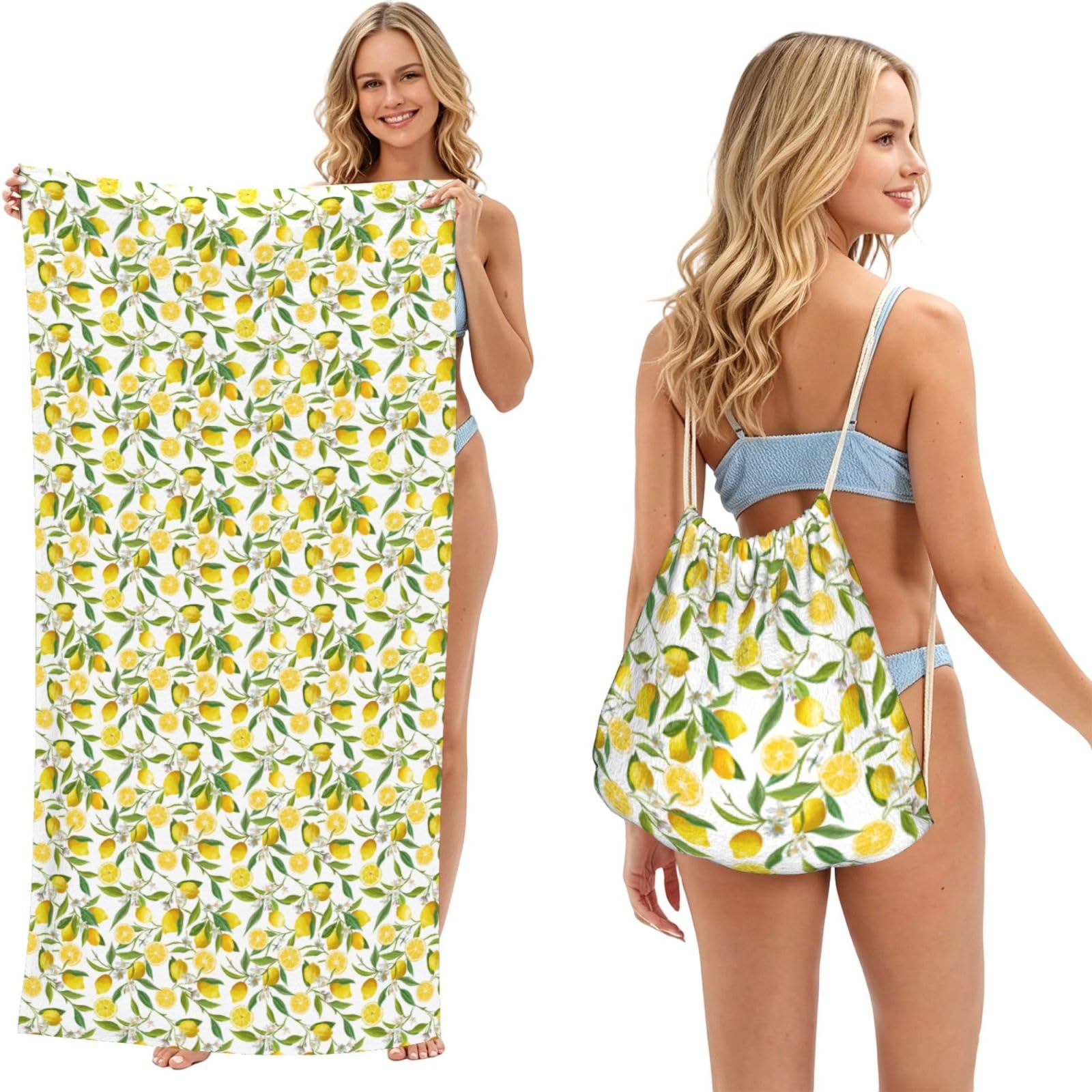 Poadnly As Picture Floral Lemon Fruits, 2 In 1 Packable Towel Bag, Beach Towels With Drawstring Backpack For Travel Holiday Camping