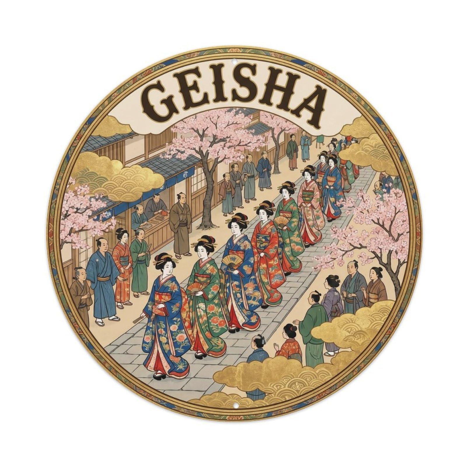 Olyhtr 8X8inch Classic Style Geisha Procession Hanamachi Yamato Azurite Vermillion Metal Tin Sign