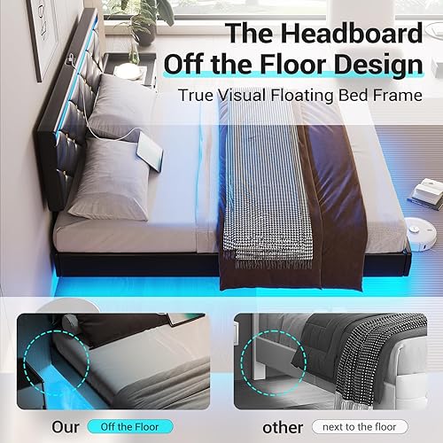 Miniatura 5 de DICTAC Base de cama flotante tamaño matrimonial con cabecera y puertos de carga, moderna cama flotante visual completa con luces LED, plataforma