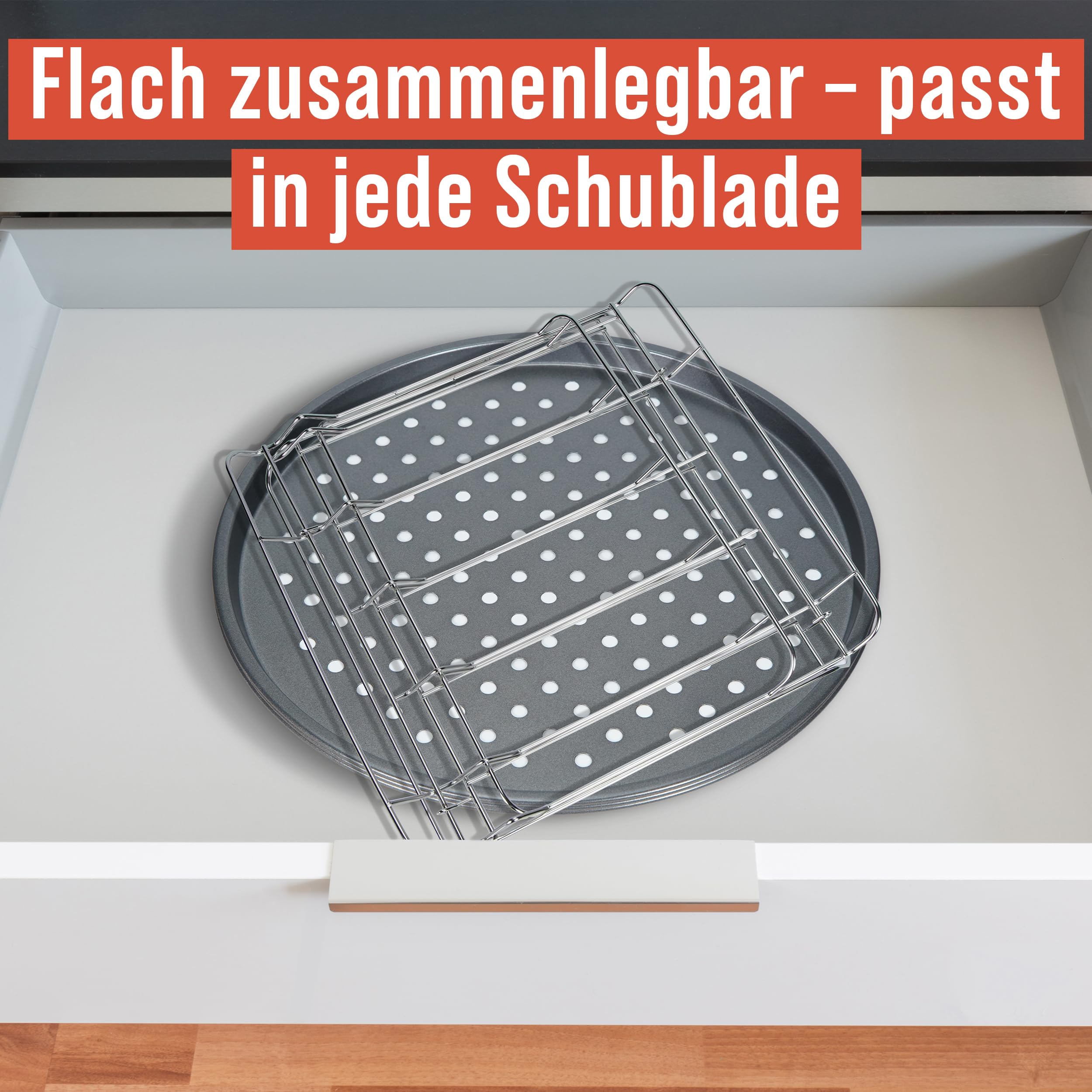 Chef Pomodoro Pizzablech rund 33cm, Pizzaständer für Backofen – klappbares Pizzagestell, 3x gelochte Pizzapfanne, Pizza Stahl, stabiles Pizza Backset für Ofen