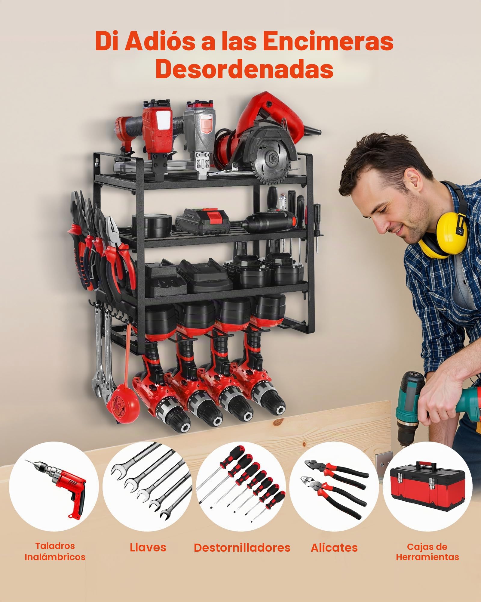 VEVOR Organizador de Herramientas Eléctricas de Pared, Estante de Almacenamiento de 4 Capas con 4 Soportes para Taladros, para Garaje, Banco de Trabajo y Taller, 490 x 200 x 370 mm, Carga 60 kg