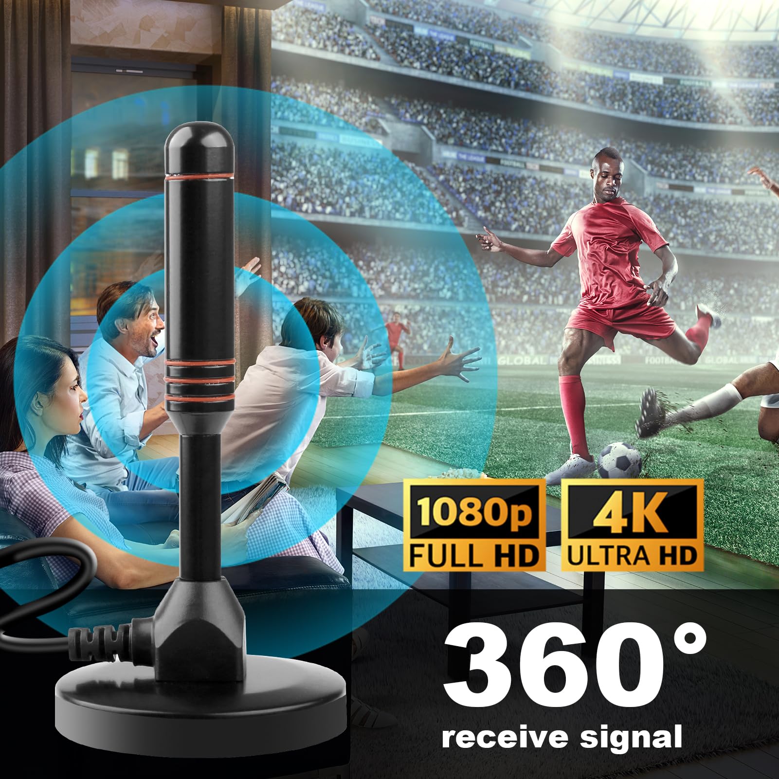 Antenne TV Intérieure Puissante TNT HD, Antenne TV Intérieur avec Amplificateur de Signal à Gain Élevé Base Magnétique Puissante Réception Longue Portée à 360° pour Signal Chaînes Locales