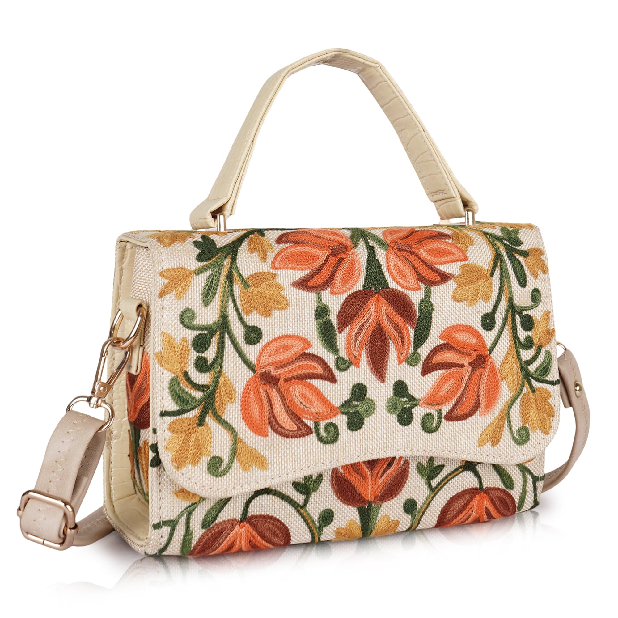 Floral Embroidered Crossbody Sling Bag with Top Handle, Vintage Style Canvas for Women-image-42