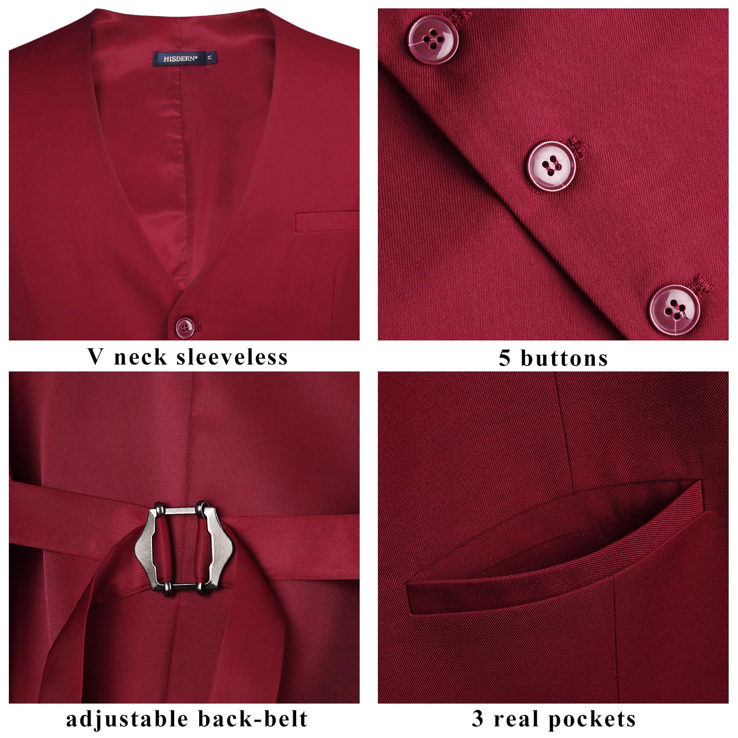 HISDERN Gilet per uomo in cotone bordeaux in cotone tinta unita con gilet formale da lavoro da uomo