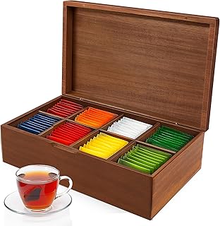 Wacloud Acacia Wood Tea Bag Organizer Box – 8-Compartment Tea Storage Container Tea Caddy Holder with Removable Dividers – Rustic Tea Chest for Kitchen Counter, Coffee & Tea Station, Gifts