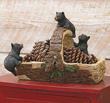 BLACK FOREST DECOR Black Bear & Log Basket Hand-Painted Polyresin Basket with Pinecone Accents, 13.5" x 9.5" x 10"
