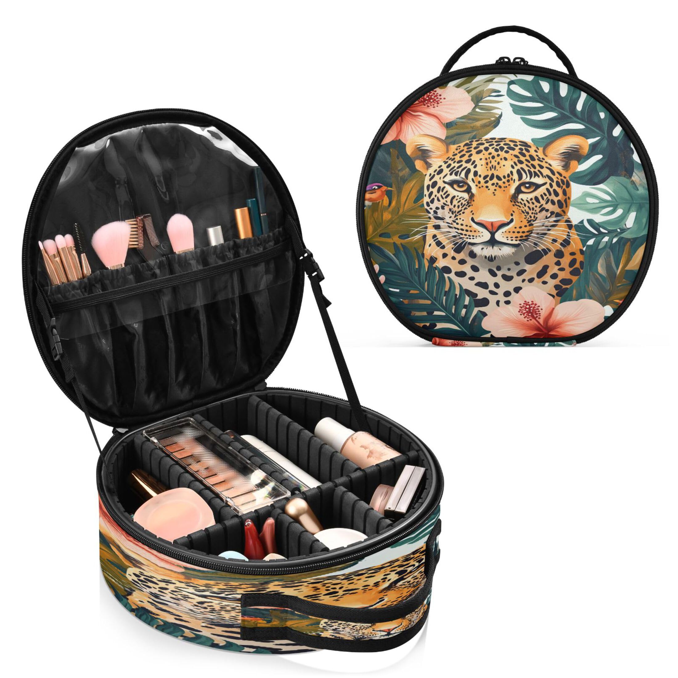 Takiito Leopard in Tropical Plant Travel Makeup Case Portable Makeup Box Artist Cosmetic Case Organizer With Adjustable Dividers