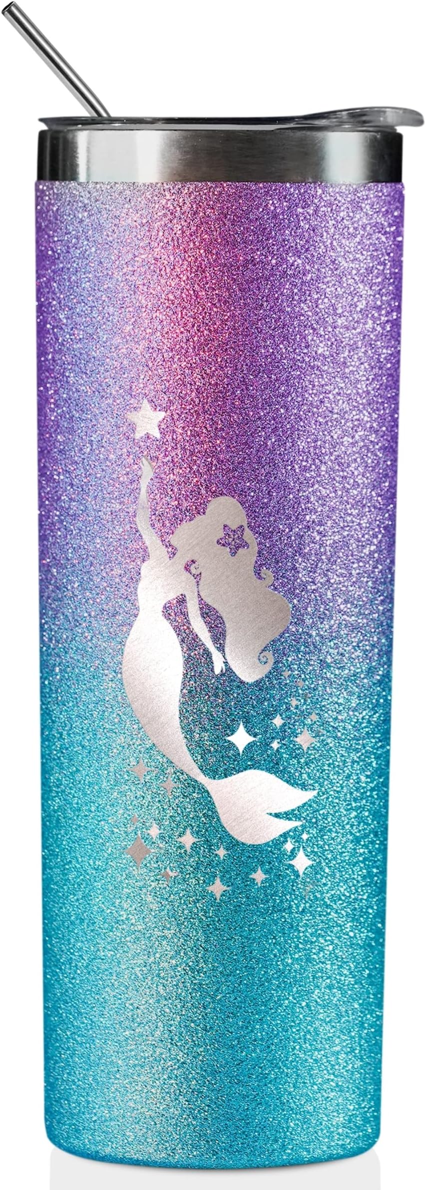 Onebttl Mermaid Gifts for Girls & Women - 20oz/590ml Stainless Steel Insulated Tumbler with Straw & Lid - Be Mermazing (Glitter Purple Blue)