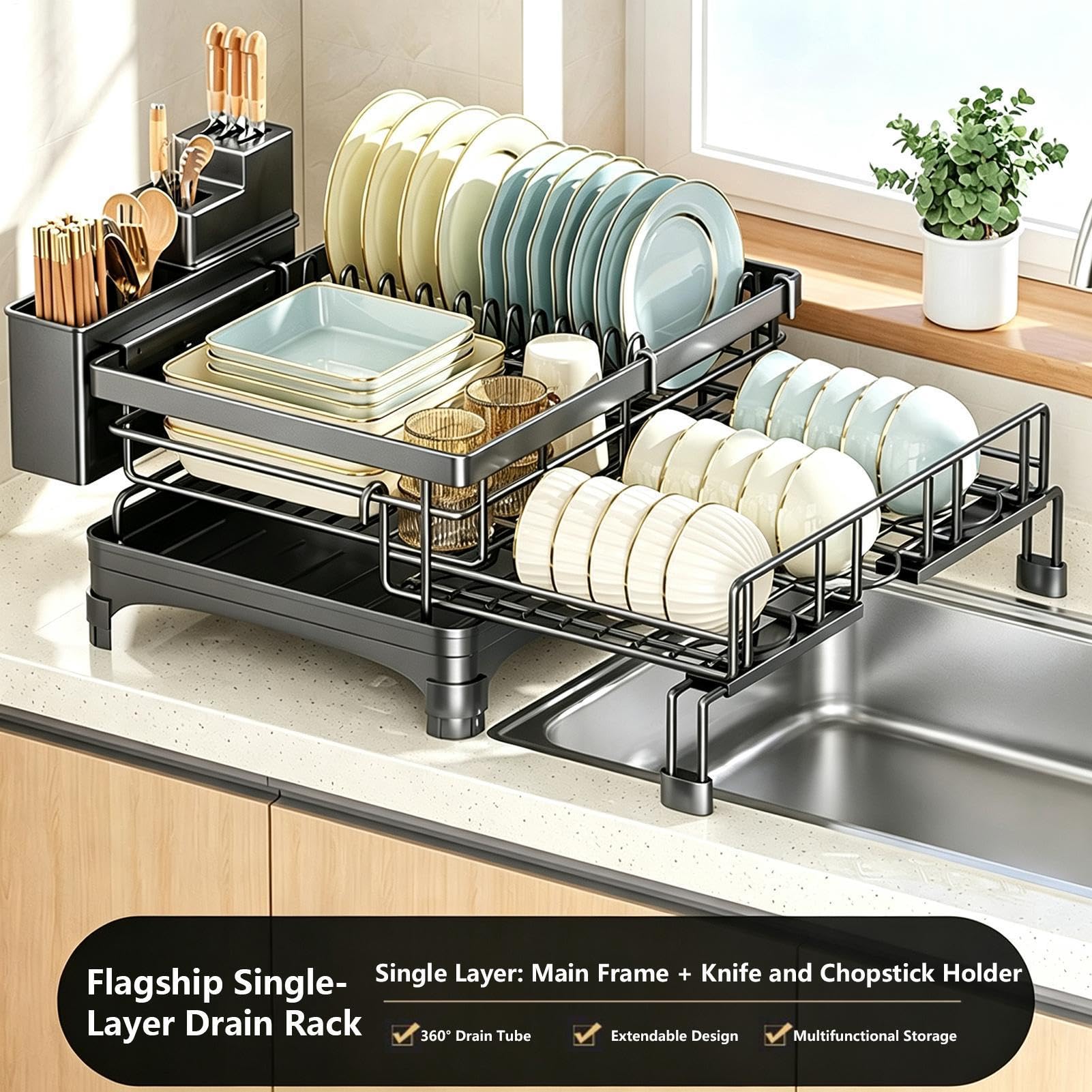 Escurridor Platos Para Encimera Cocina Gran Capacidad Extensible Con | Cocina Accesorio Fregadero Para Cuenco Taza Cubiertos Esponja Espátula Hogar Casa Rural