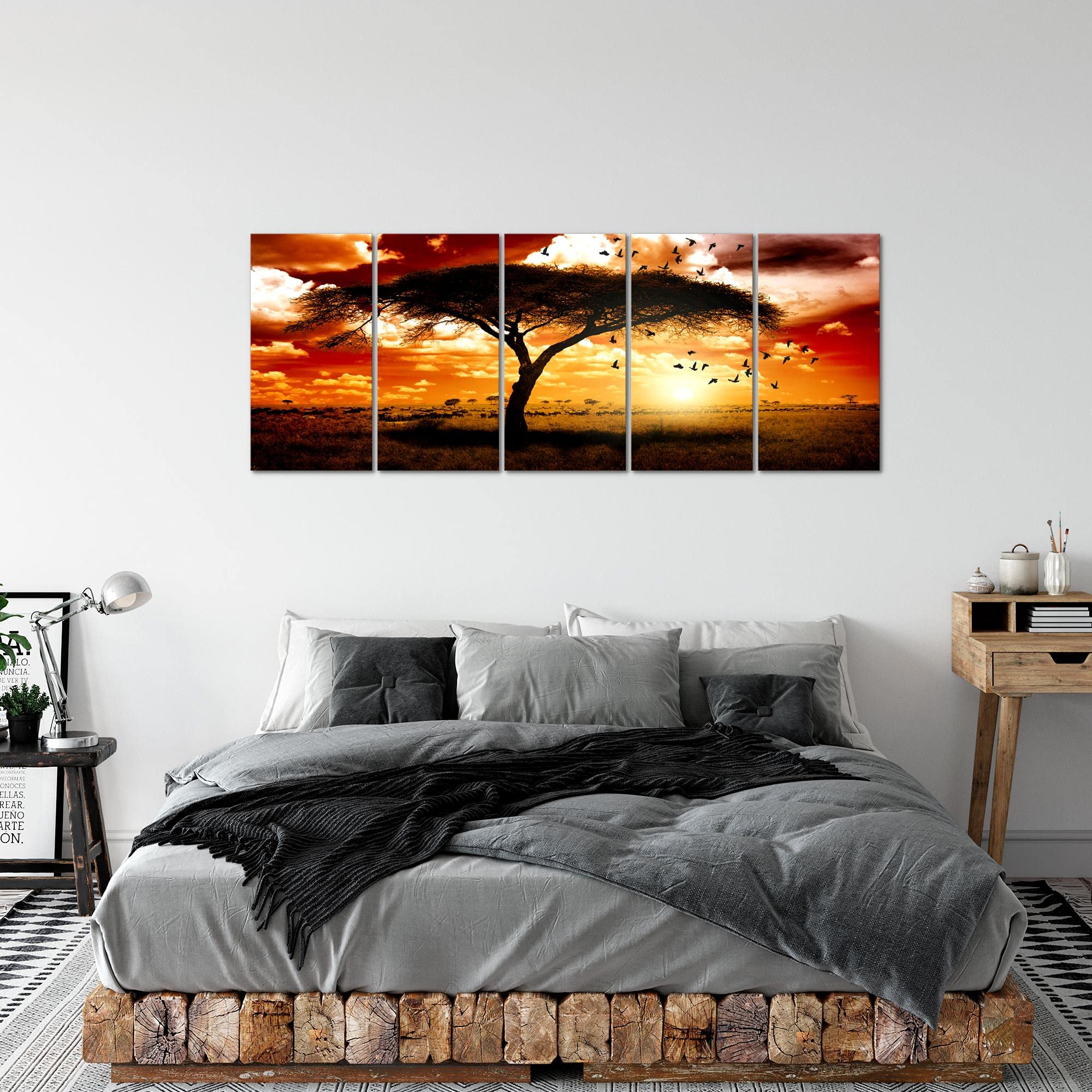 Runa Art Wandbild XXL Afrika Sonnenuntergang Wohnzimmer Schlafzimmer 200 x 80 cm Orange 5 Teilig - Made in Germany - 001555c