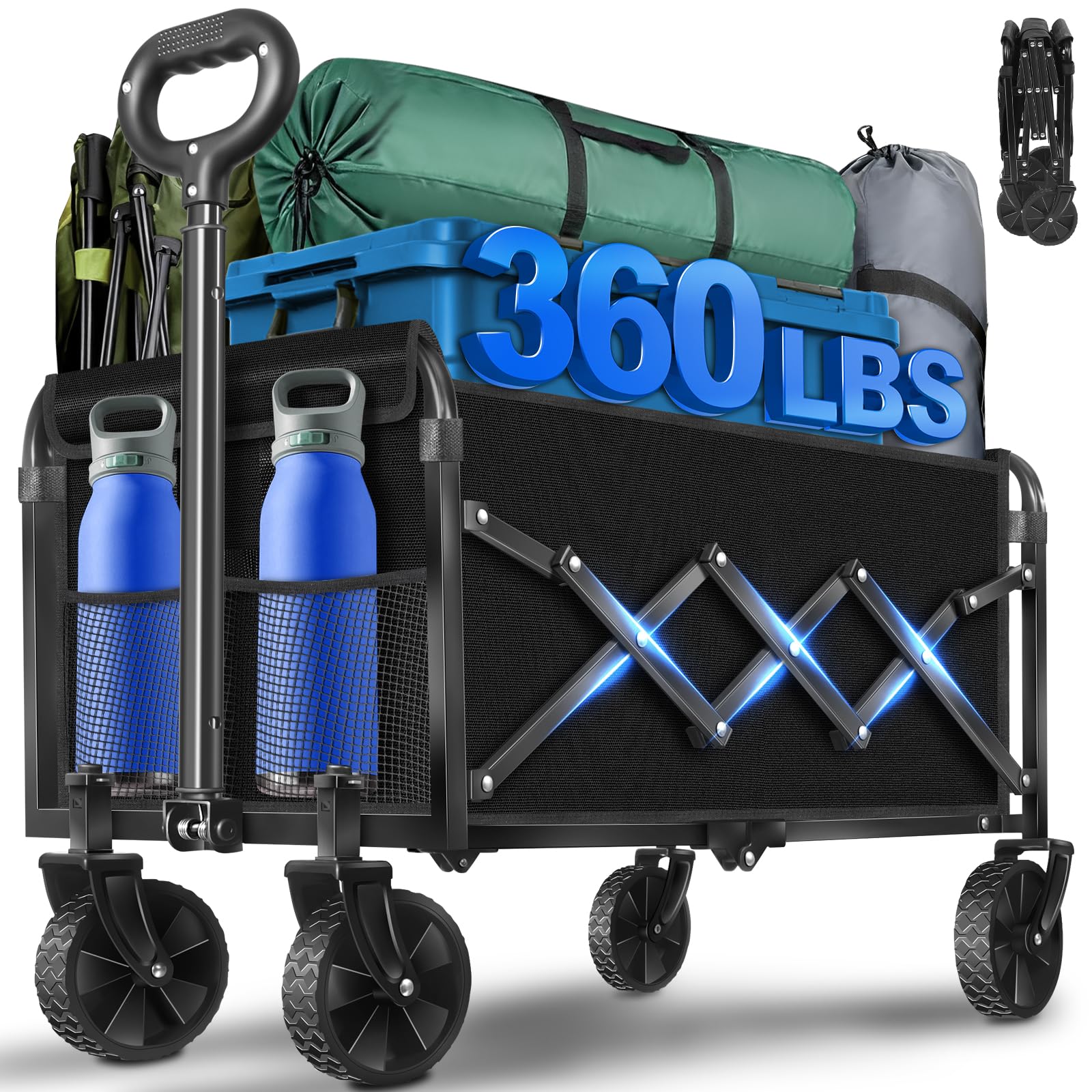 Wagons Cart Foldable, 360 Lbs with Adjustable Handle, Black Lightweight Portable, Collapsible Wagon for Beach Trip, Camping, Shopping, Sports, Travel,