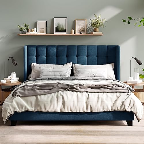 Miniatura 2 de MUTICOR Base de cama tamaño King con cabecera de ala, diseño cosido cuadrado, soporte de listones de madera, fácil montaje, azul marino