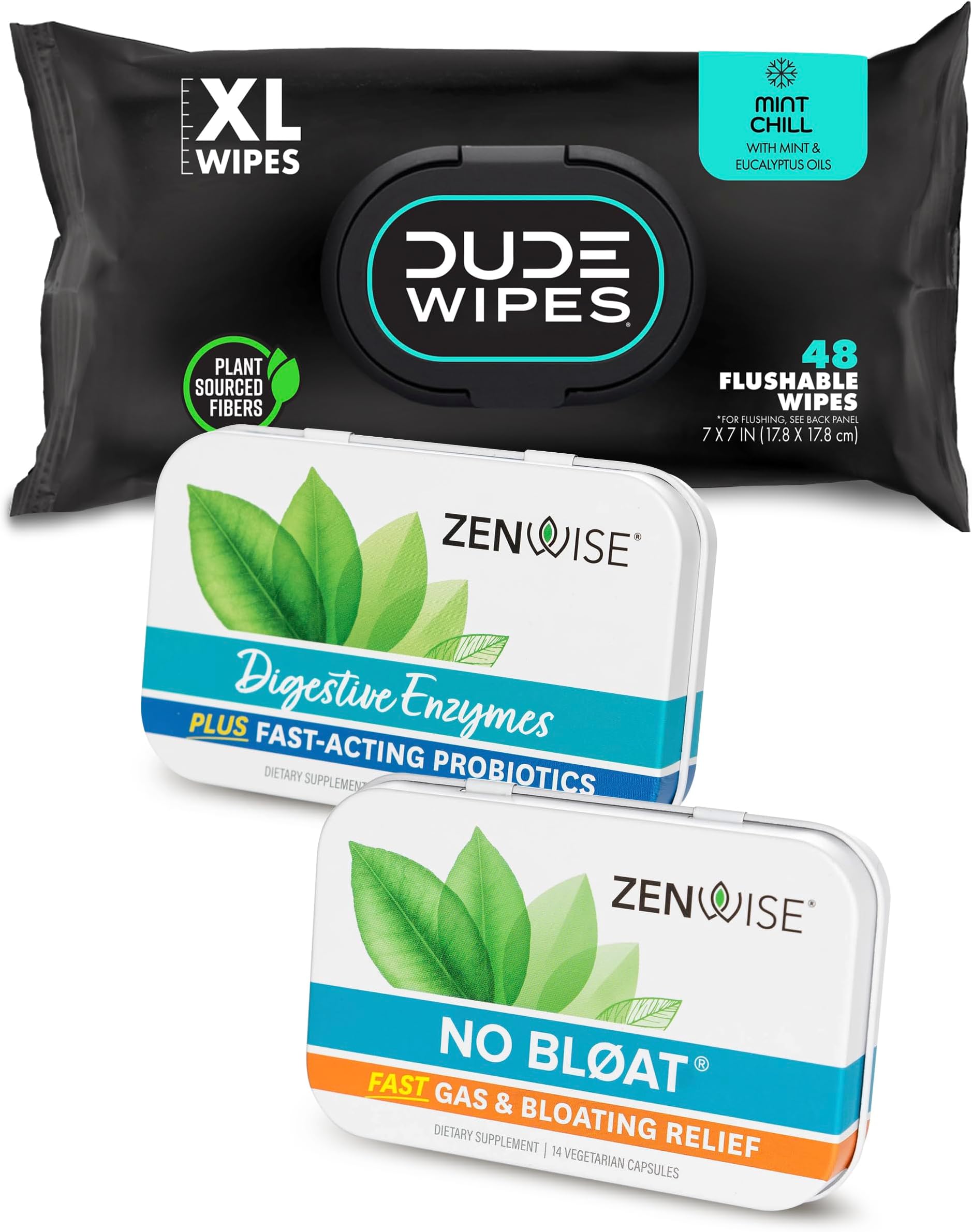 Dude Wipes + Zenwise #2 Plus Bundle – 48 Flushable Wipes + 15 Digestive Enzymes with Probiotics and Prebiotics + 14 No Bloat Caps – for Digestive, Gut, and Butt Health