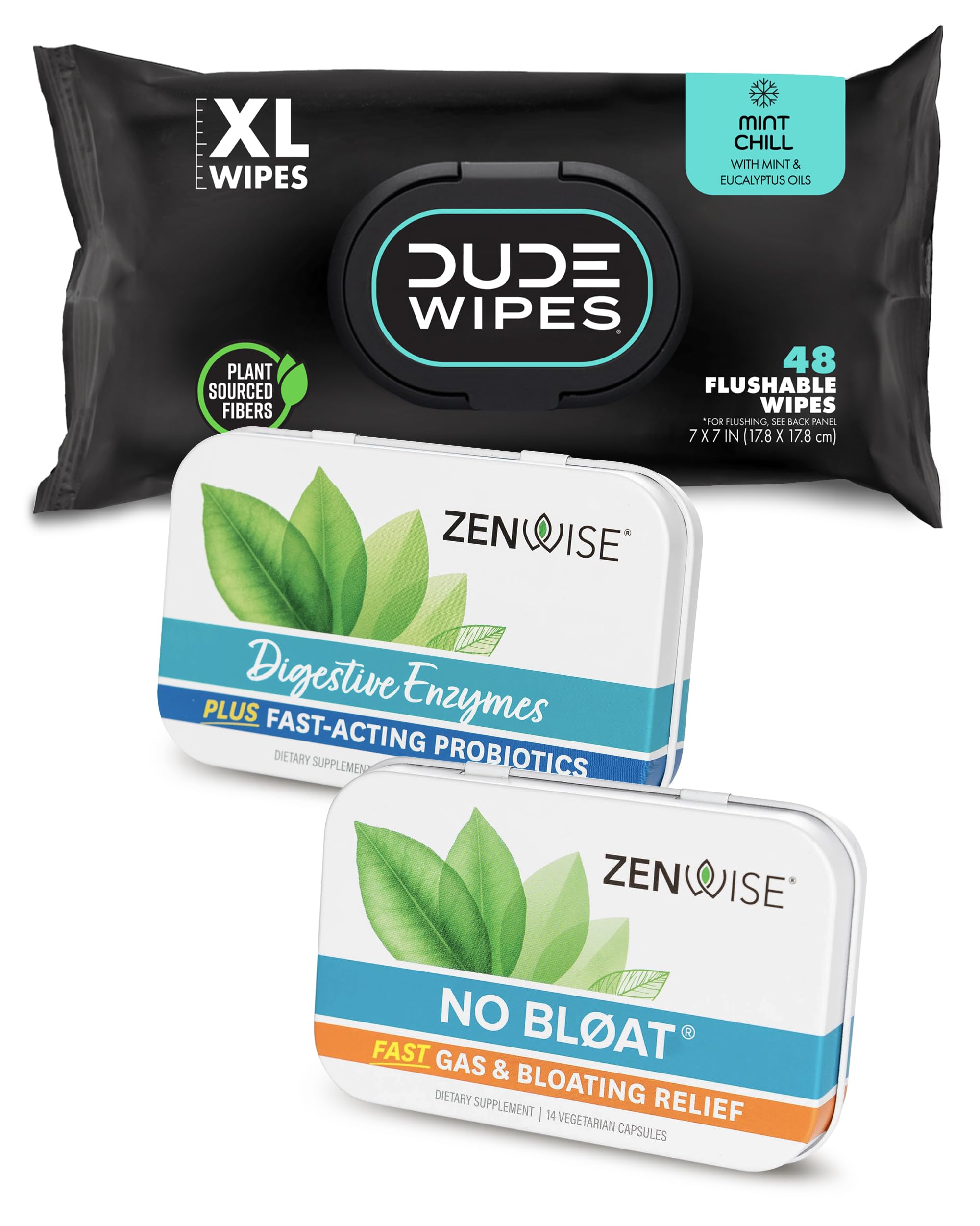Dude Wipes + Zenwise #2 Plus Bundle – 48 Flushable Wipes + 15 Digestive Enzymes with Probiotics and Prebiotics + 14 No Bloat Caps – for Digestive, Gut, and Butt Health