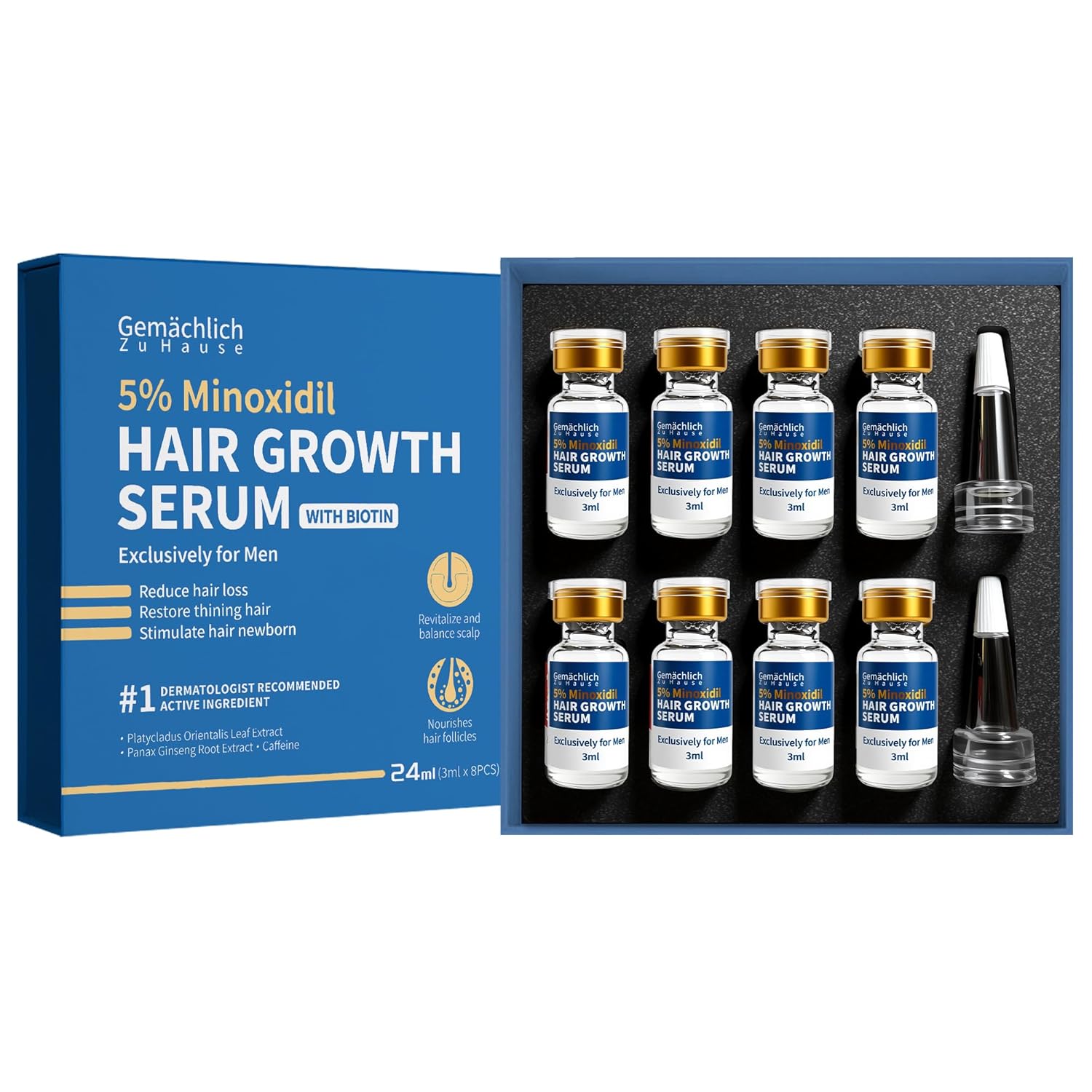 5% Minoxidil for Men Hair Growth with Biotin, Extra Strength Topical Minoxidil Solution Serum with Rosemary & Caffeine for Hair Regrowth Treatments, Non-Greasy, Helps Prevent Hair Thinning & Hair Loss