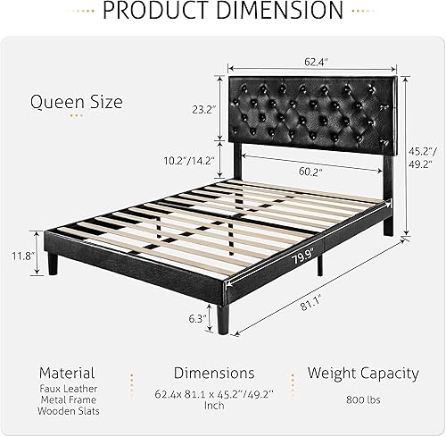Miniatura 25 de SHA CERLIN Base de cama de plataforma tamaño queen con cabecero copetudo, base de colchón tapizada de piel sintética, soporte de tablillas de