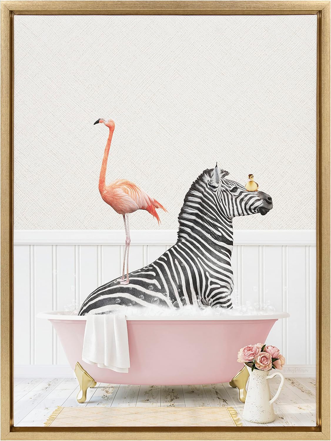 Kate and Laurel Sylvie Zebra and Flamingo in Cottage Rose Bath Framed Canvas Wall Art by Amy Peterson Art Studio; 18x24 Gold; Modern Fun Decorative Bathtub Wall Art for Home Décor