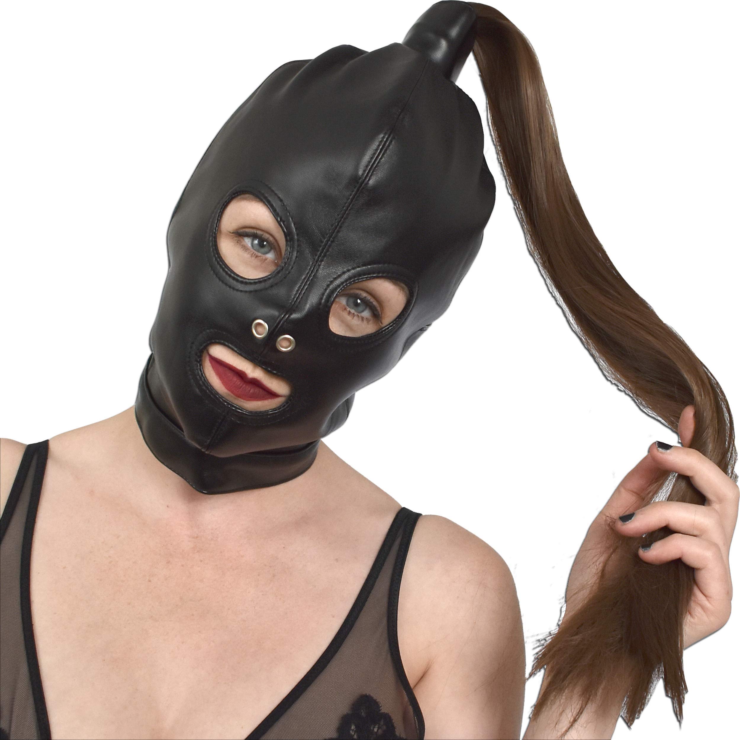FantasyLeben máscara de cabeza de cuero de imitación con coleta desmontable, apertura de ojos y boca, cordón ajustable, confortable gorro fetiche ideal para carnaval, Halloween, juegos de rol