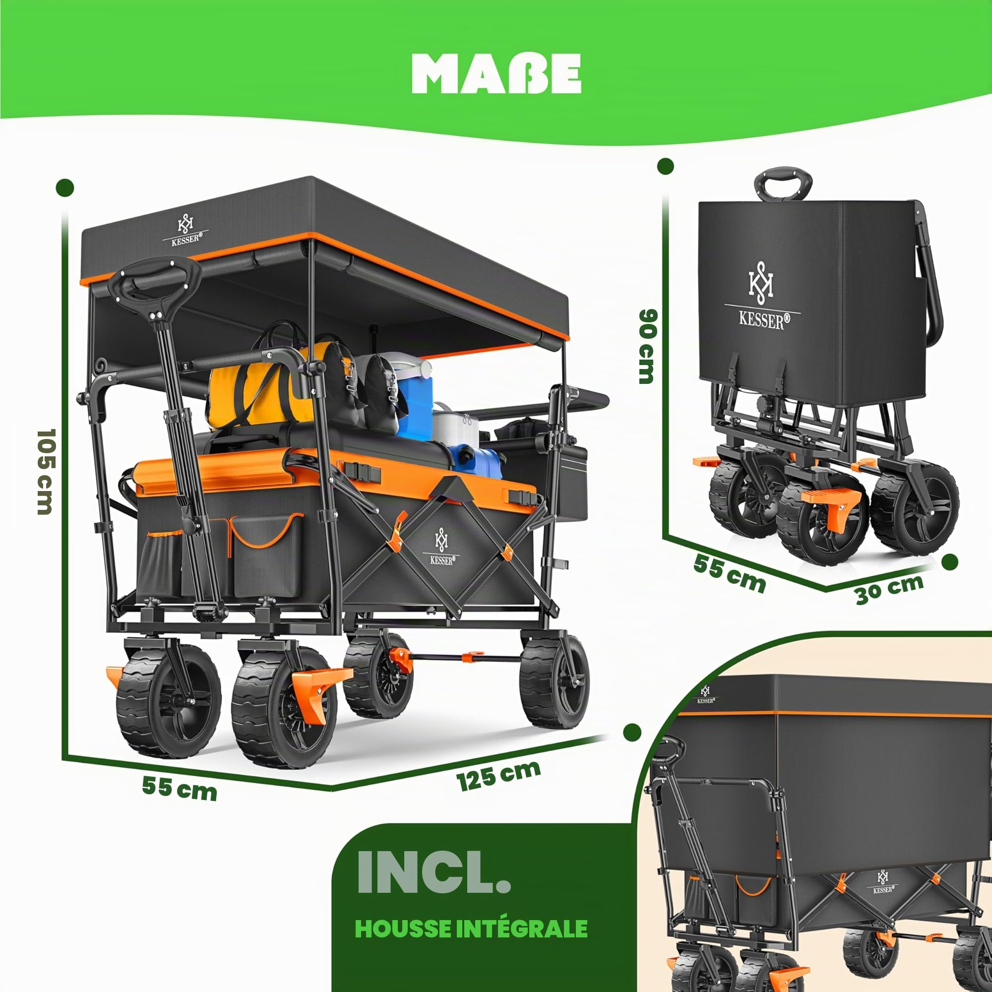 KESSER GT9000 Chariot de transport pliable avec toit - Charge maximale : 150 kg - Avec roues en caoutchouc dur et freins de stationnement (avant et arrière) - Avec serrure, couverture, intempéries et