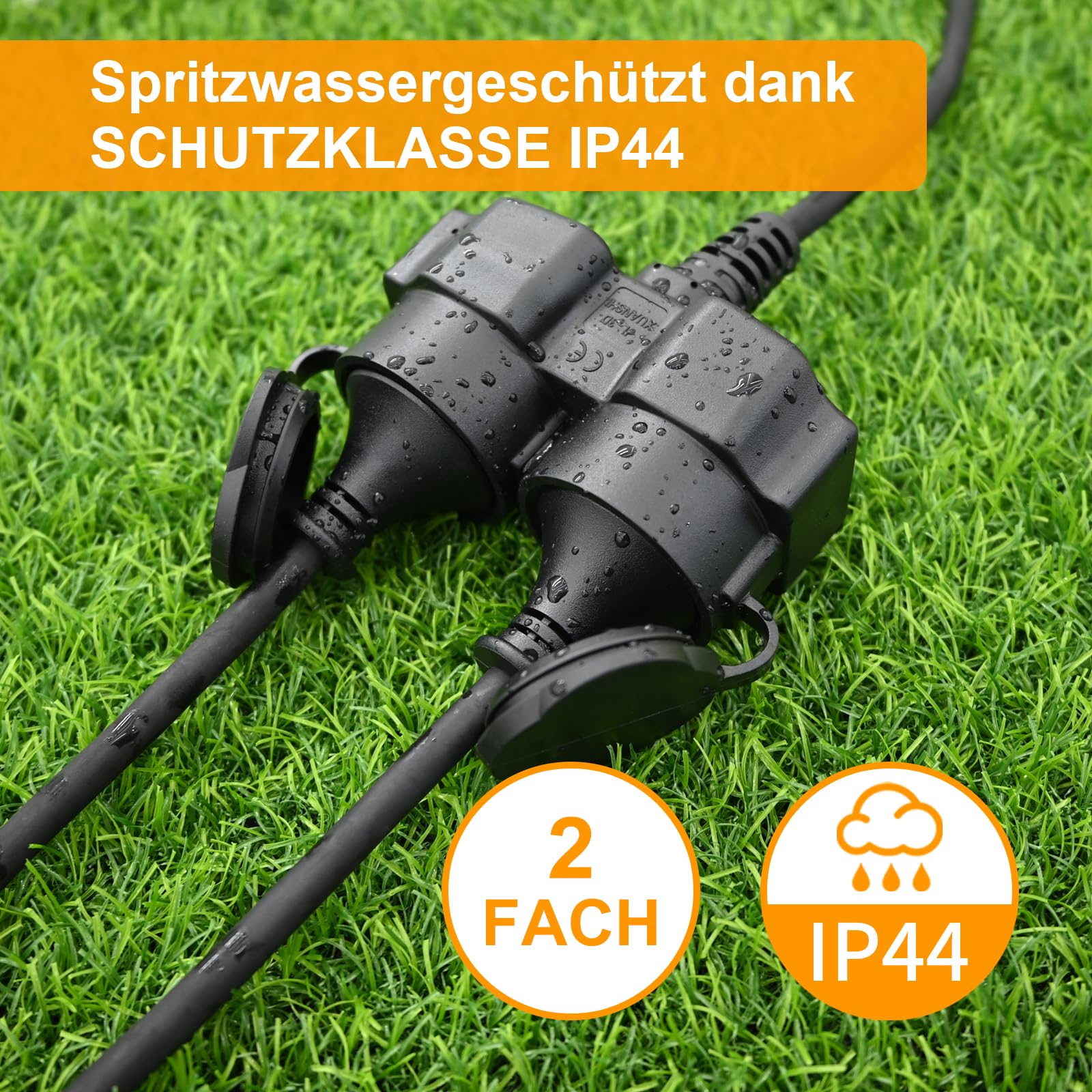 Cavo di prolunga per esterni, 15 m, con 2 prese Schuko, doppia prolunga in gomma, 3500 W, con tappo di protezione per esterni, IP44, cavo di alimentazione H05RR-F 3G1,5 mm² con doppia presa, 16 A/250